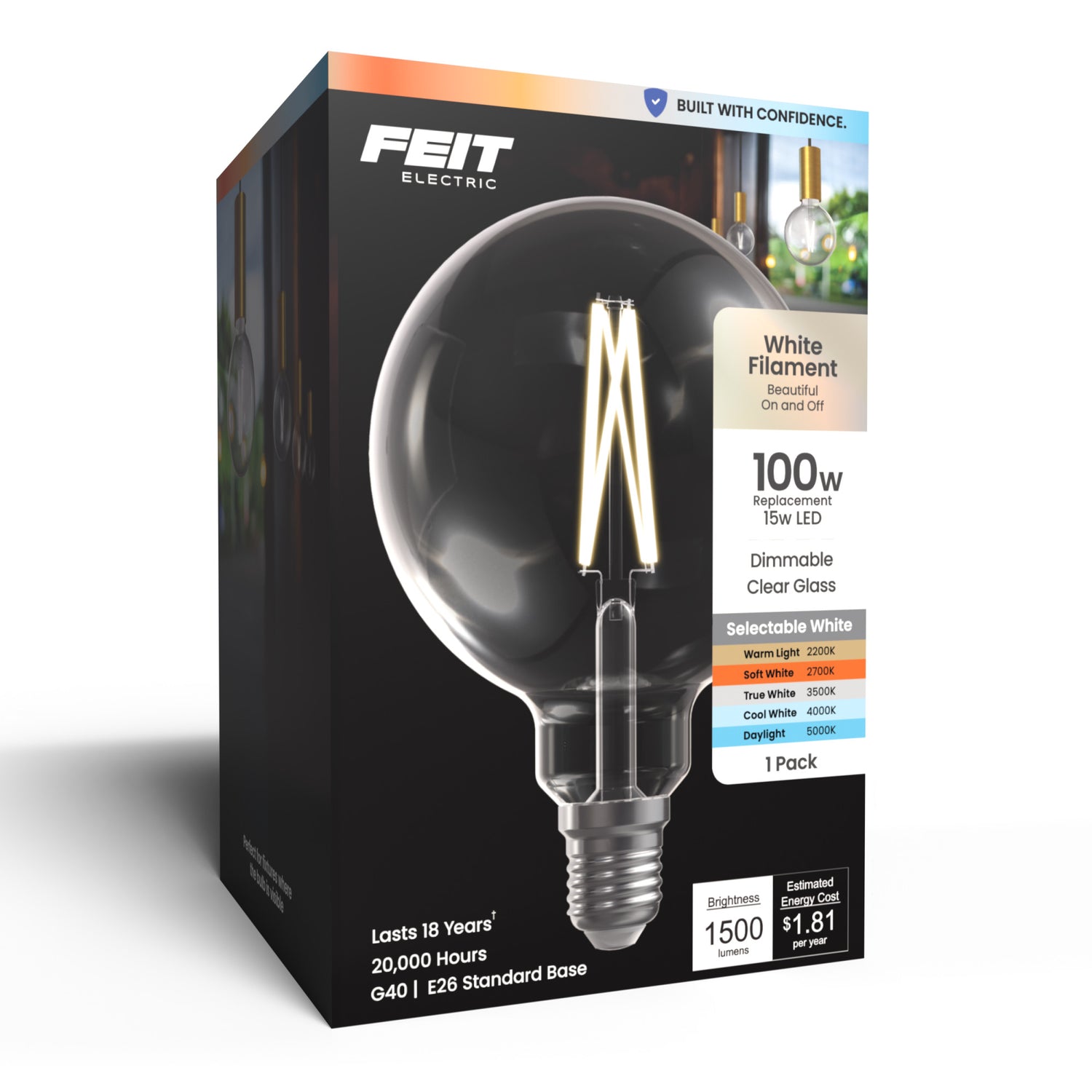 15W (100W Replacement) G40 Globe E26 Dimmable White Filament Clear Globe LED Bulb, Selectable White