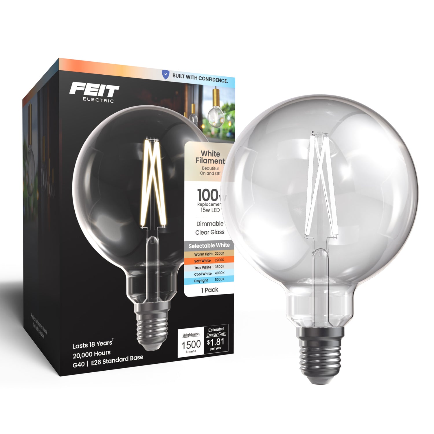 15W (100W Replacement) G40 Globe E26 Dimmable White Filament Clear Globe LED Bulb, Selectable White