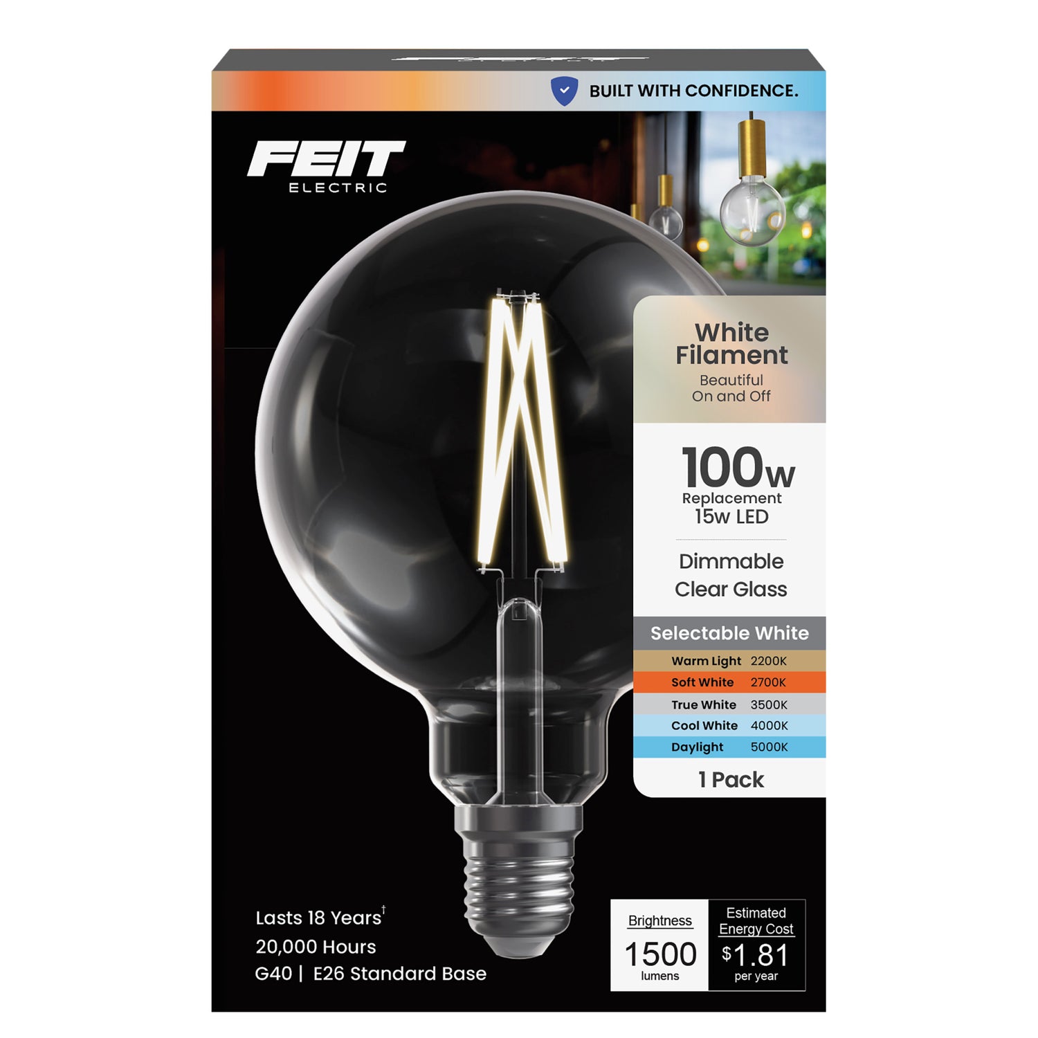 15W (100W Replacement) G40 Globe E26 Dimmable White Filament Clear Globe LED Bulb, Selectable White