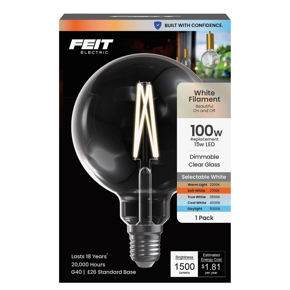15W (100W Replacement) G40 Globe E26 Dimmable White Filament Clear Globe LED Bulb, Selectable White