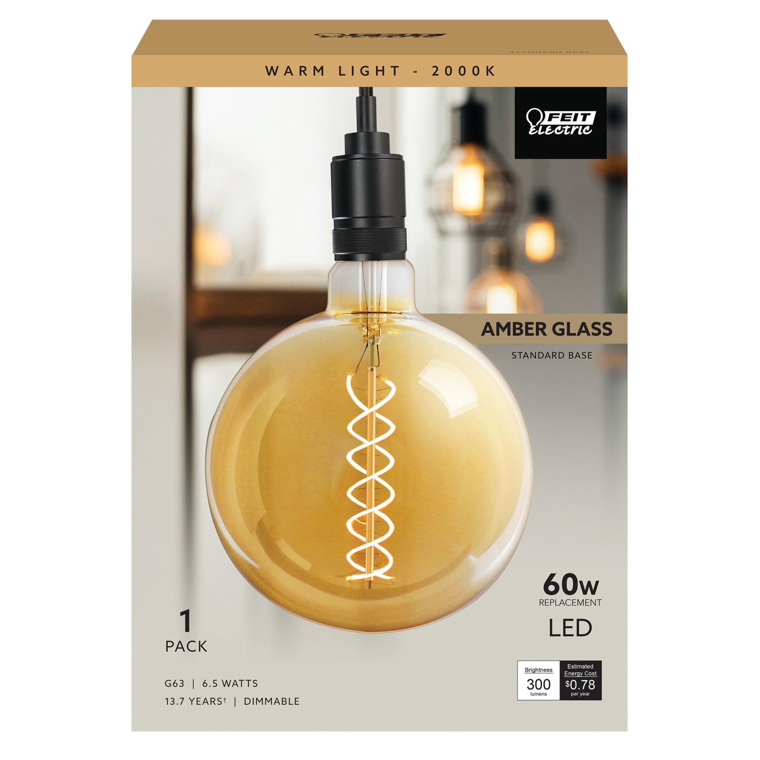6.5W (60W Replacement) G63 E26 Dimmable Spiral Filament Amber Glass Vintage Edison LED Light Bulb, Warm White