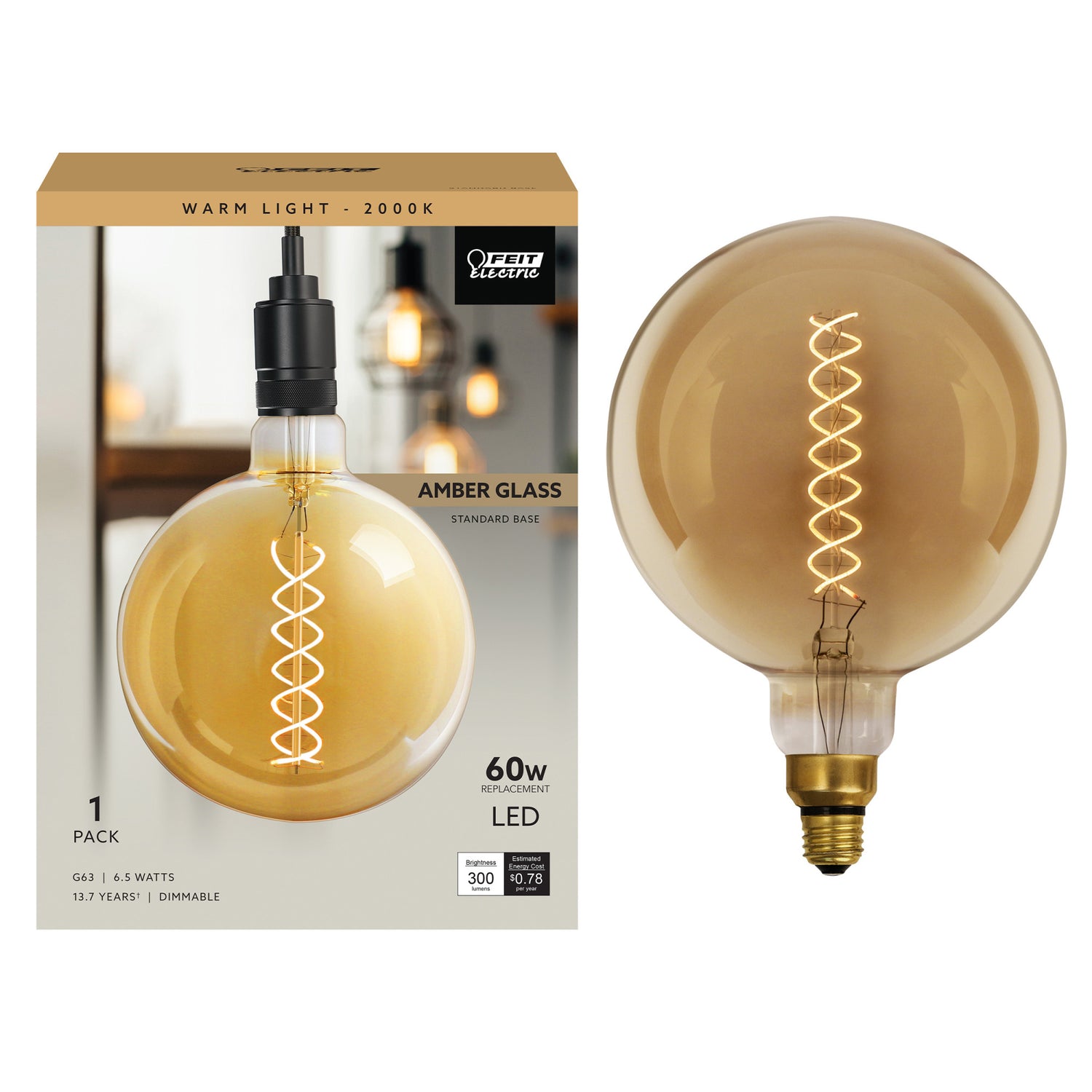 6.5W (60W Replacement) G63 E26 Dimmable Spiral Filament Amber Glass Vintage Edison LED Light Bulb, Warm White