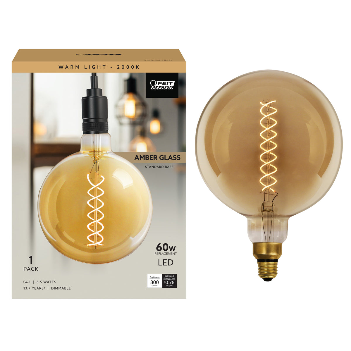 6.5W (60W Replacement) G63 E26 Dimmable Spiral Filament Amber Glass Vintage Edison LED Light Bulb, Warm White