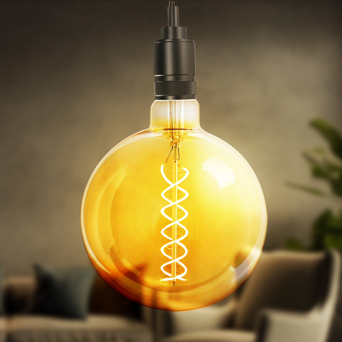 6.5W (60W Replacement) G63 E26 Dimmable Spiral Filament Amber Glass Vintage Edison LED Light Bulb, Warm White