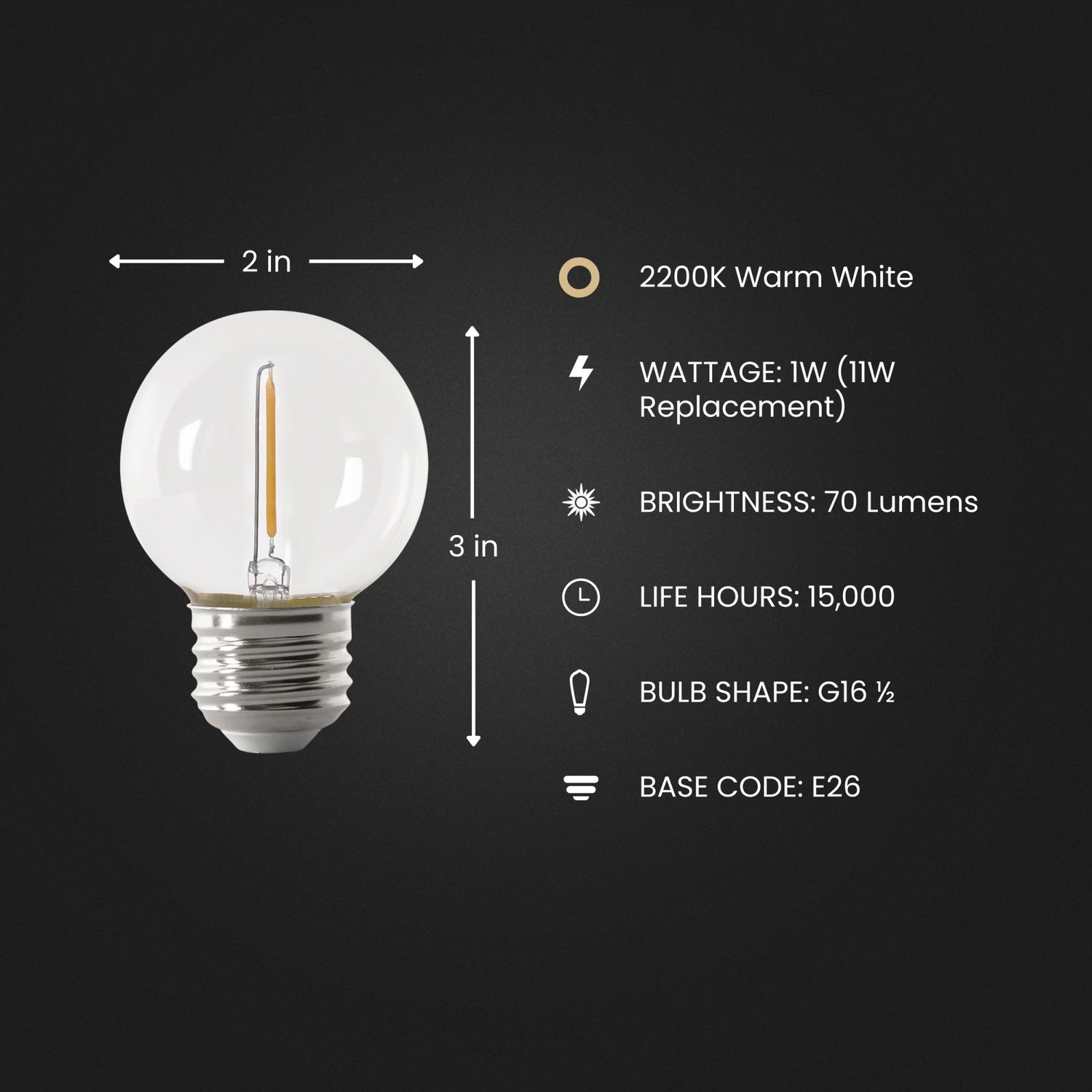 1W (11W Replacement) Warm White (2200K) G16 ½ E26 Base Globe String Light Replacement Bulb (4-Pack)