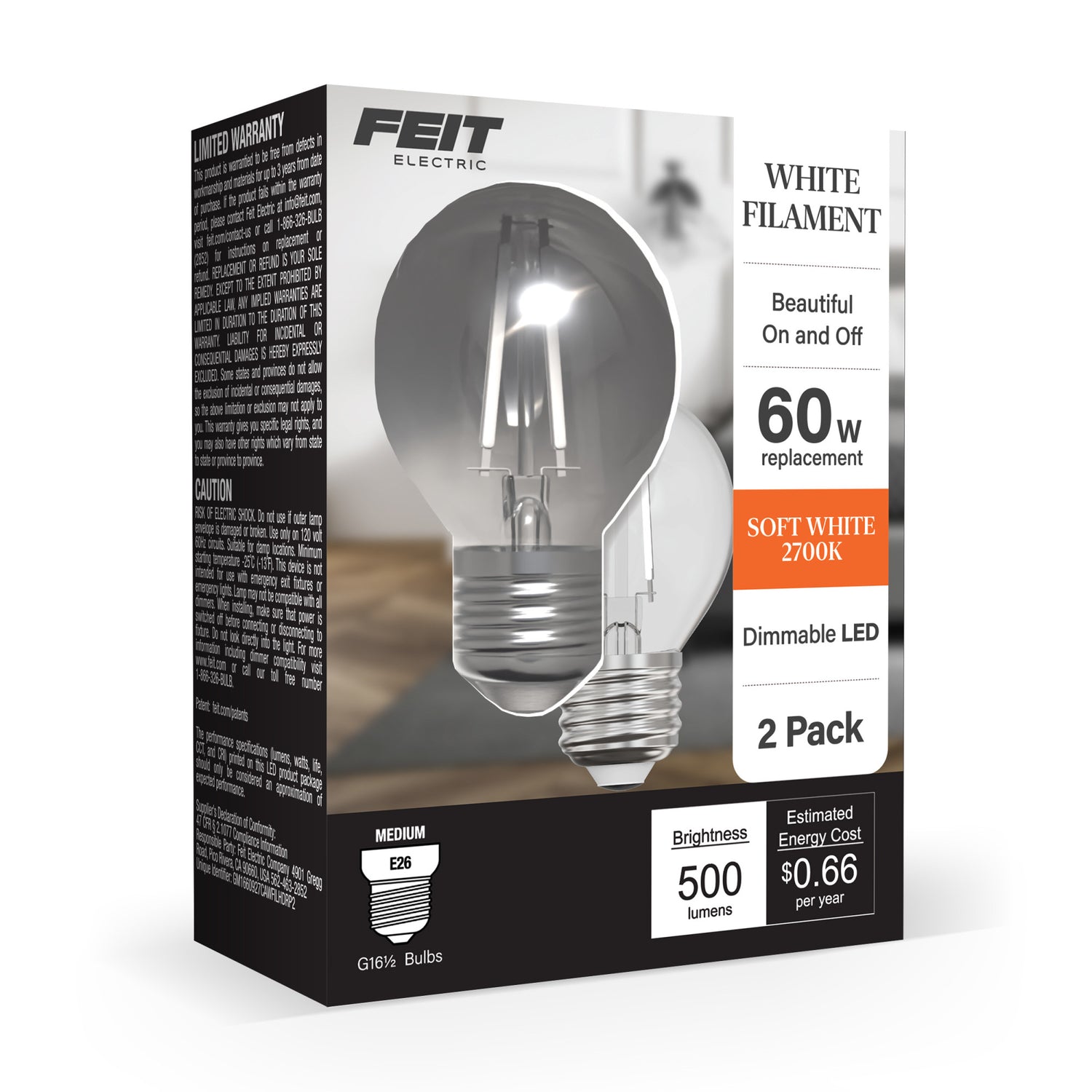 5.5W (60W Replacement) Soft White (2700K) G16 1/2 Globe Shape (E26 Base) Exposed White Filament LED Bulb (2-Pack)