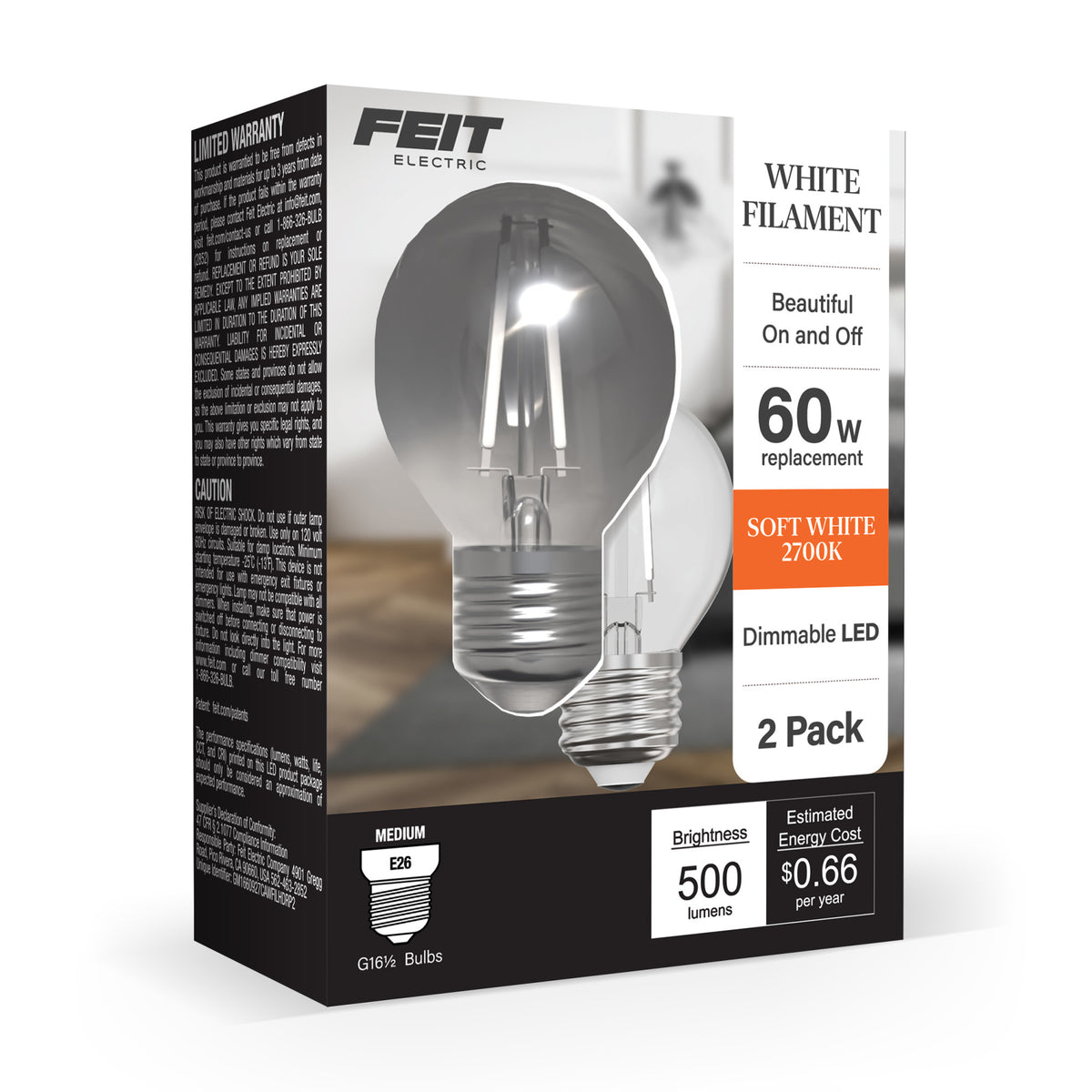 5.5W (60W Replacement) Soft White (2700K) G16 1/2 Globe Shape (E26 Base) Exposed White Filament LED Bulb (2-Pack)
