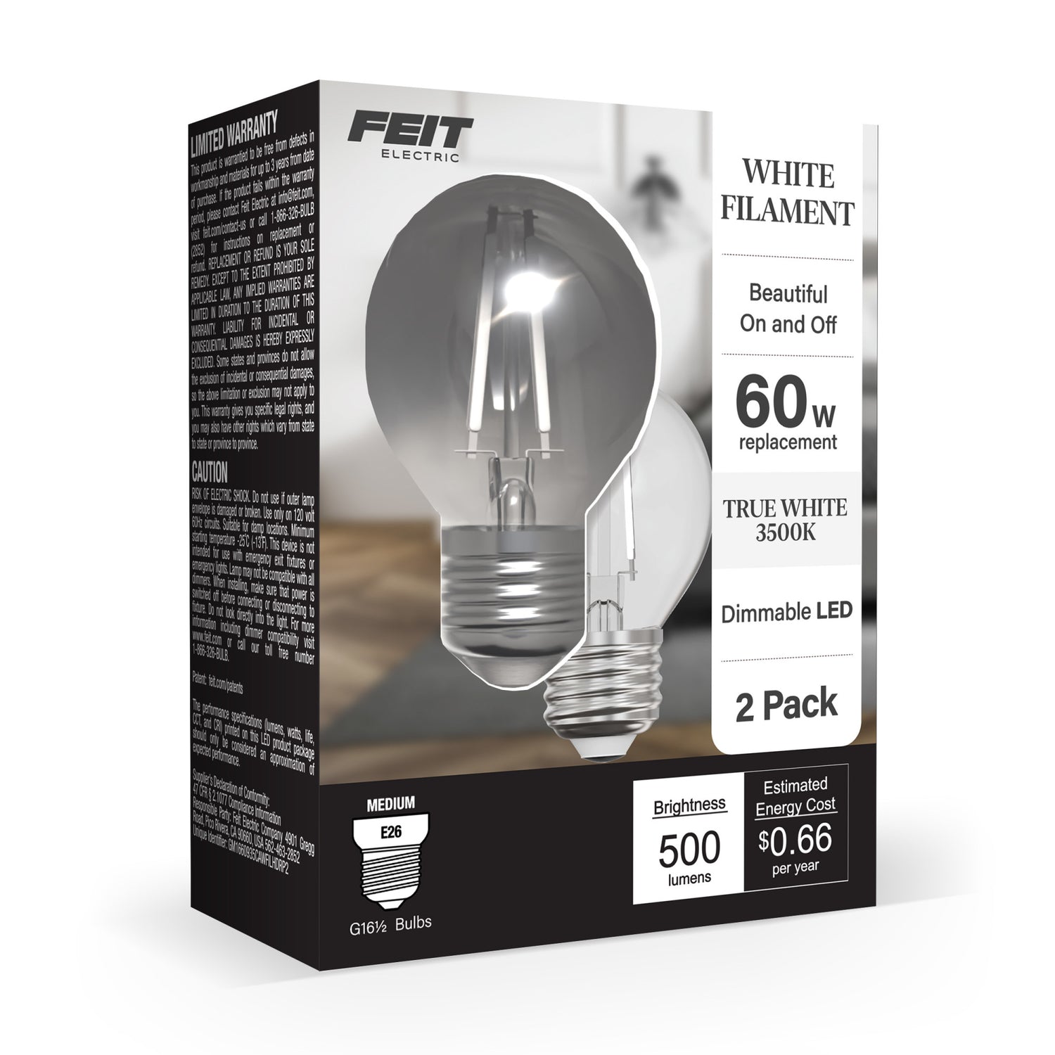 5.5W (60W Equivalent) True White (3500K) G16 1/2 Globe Shape (E26 Base) Exposed White Filament LED Bulb (2-Pack)