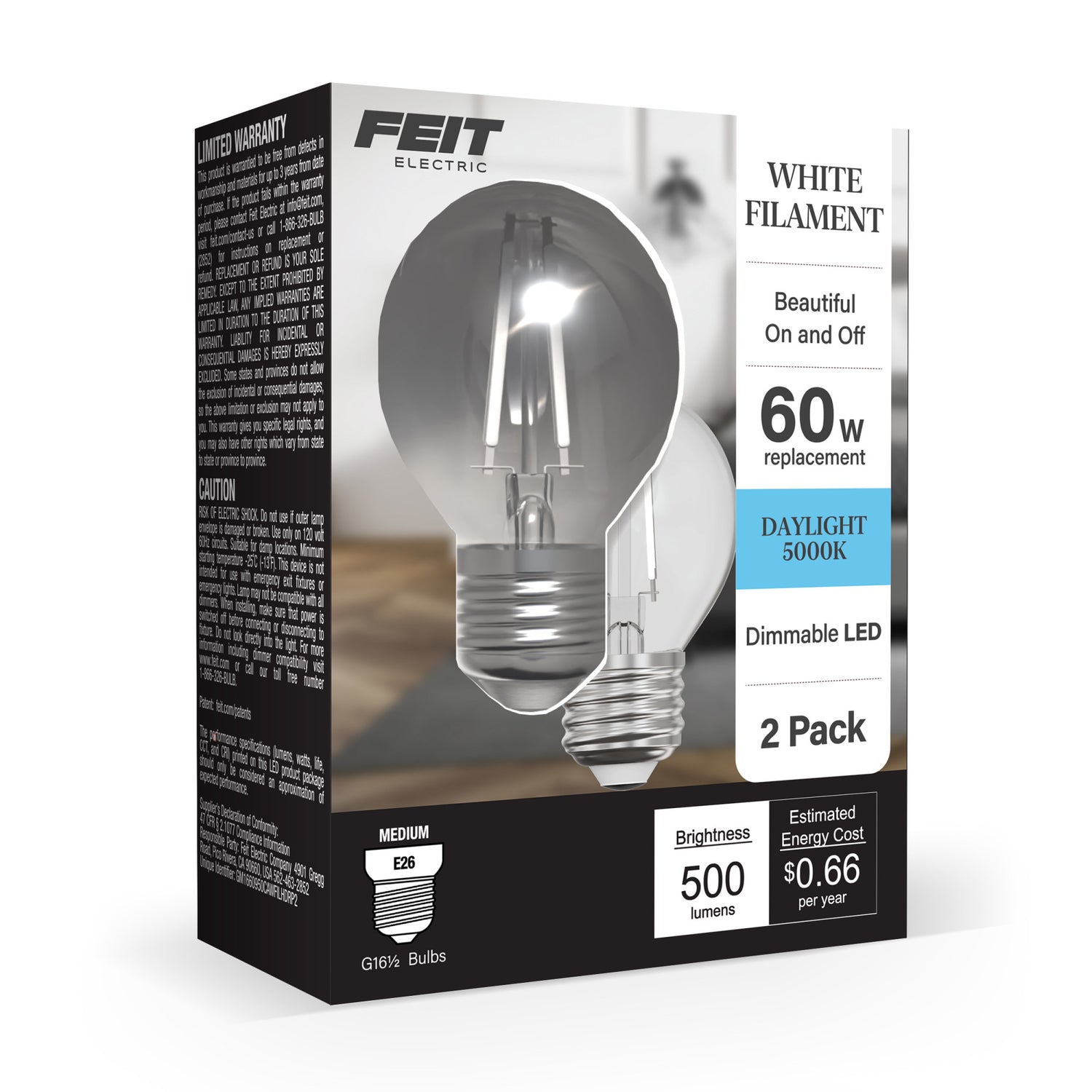 5.5W (60W Replacement) Daylight (5000K) G16 1/2 Globe Shape (E26 Base) Exposed White Filament LED Bulb (2-Pack)