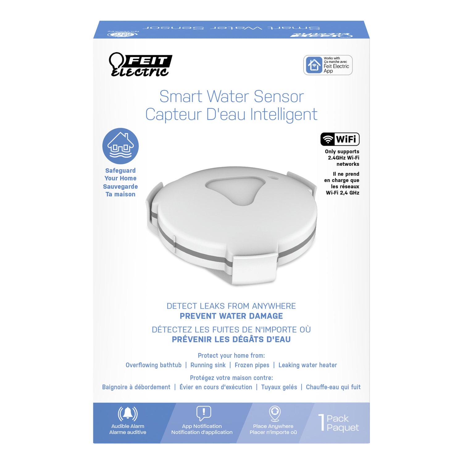 Battery-Powered Smart Home Wi-Fi Connected Wireless Water Sensor, No Hub Required