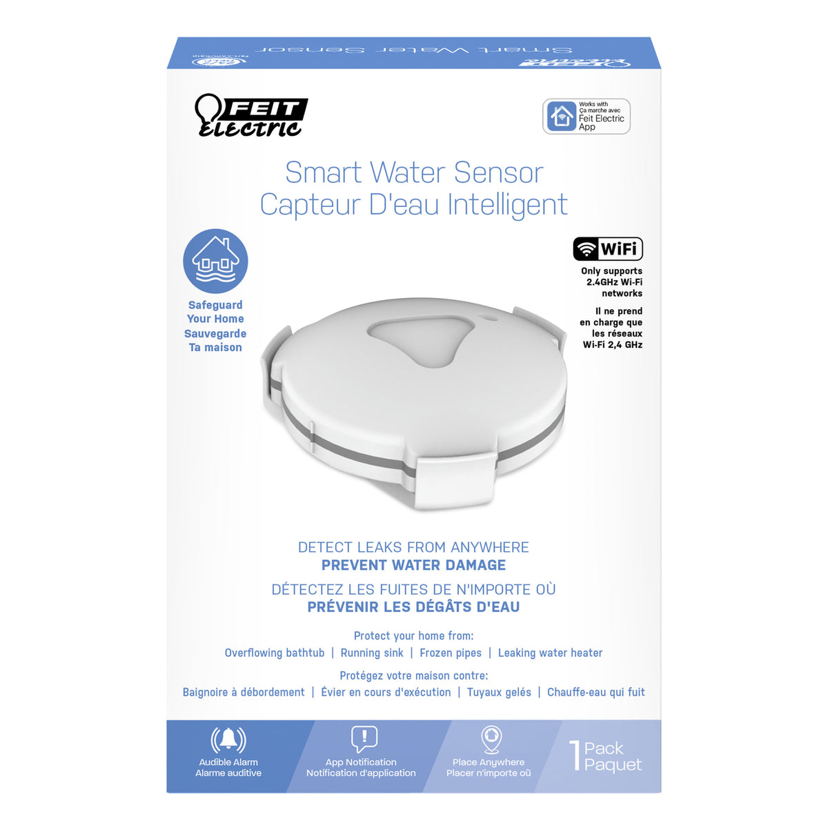 Battery-Powered Smart Home Wi-Fi Connected Wireless Water Sensor, No Hub Required