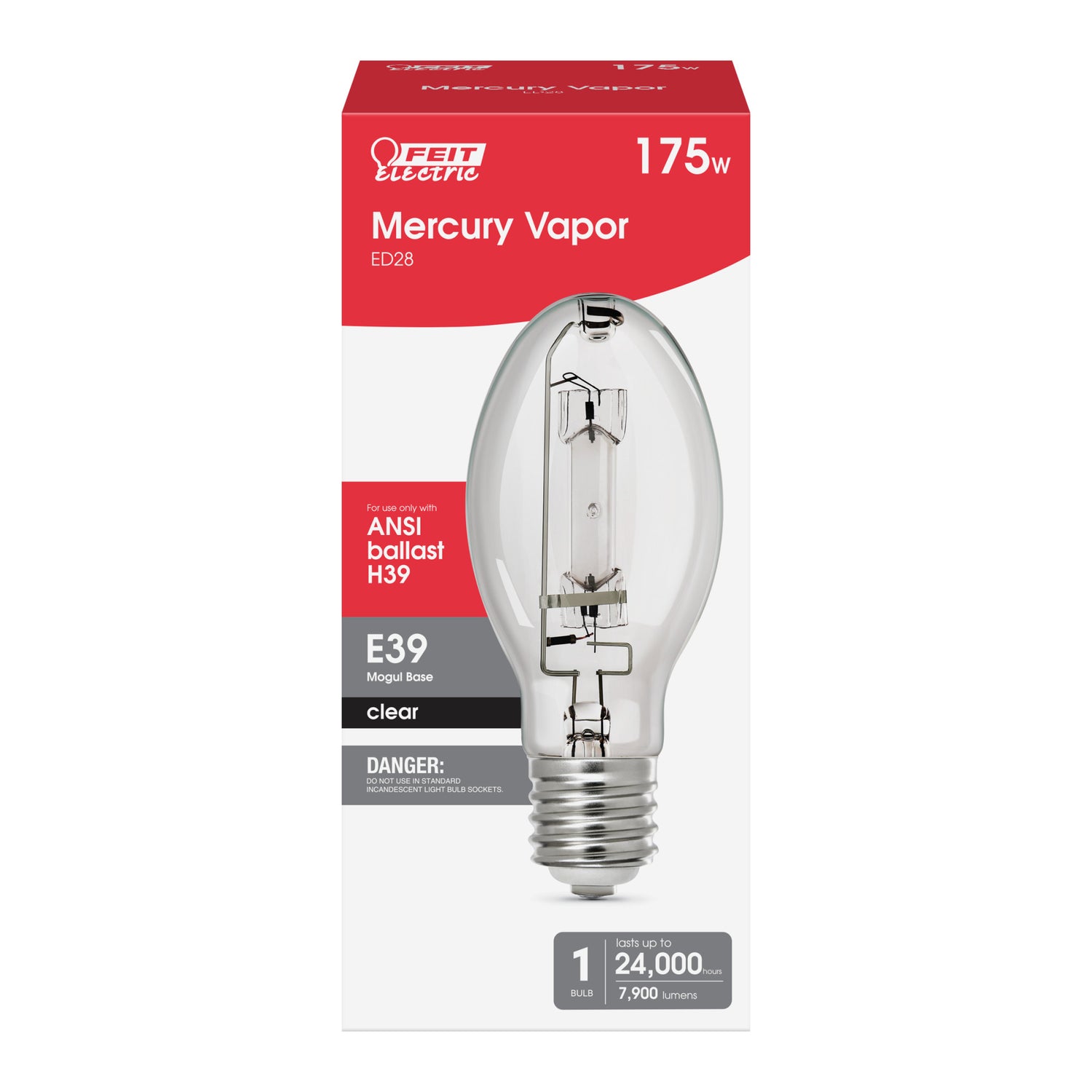 175W Daylight Deluxe (6000K) ED28 Shape E39 Mogul Base Clear Mercury Vapor High Intensity Discharge HID Light Bulb