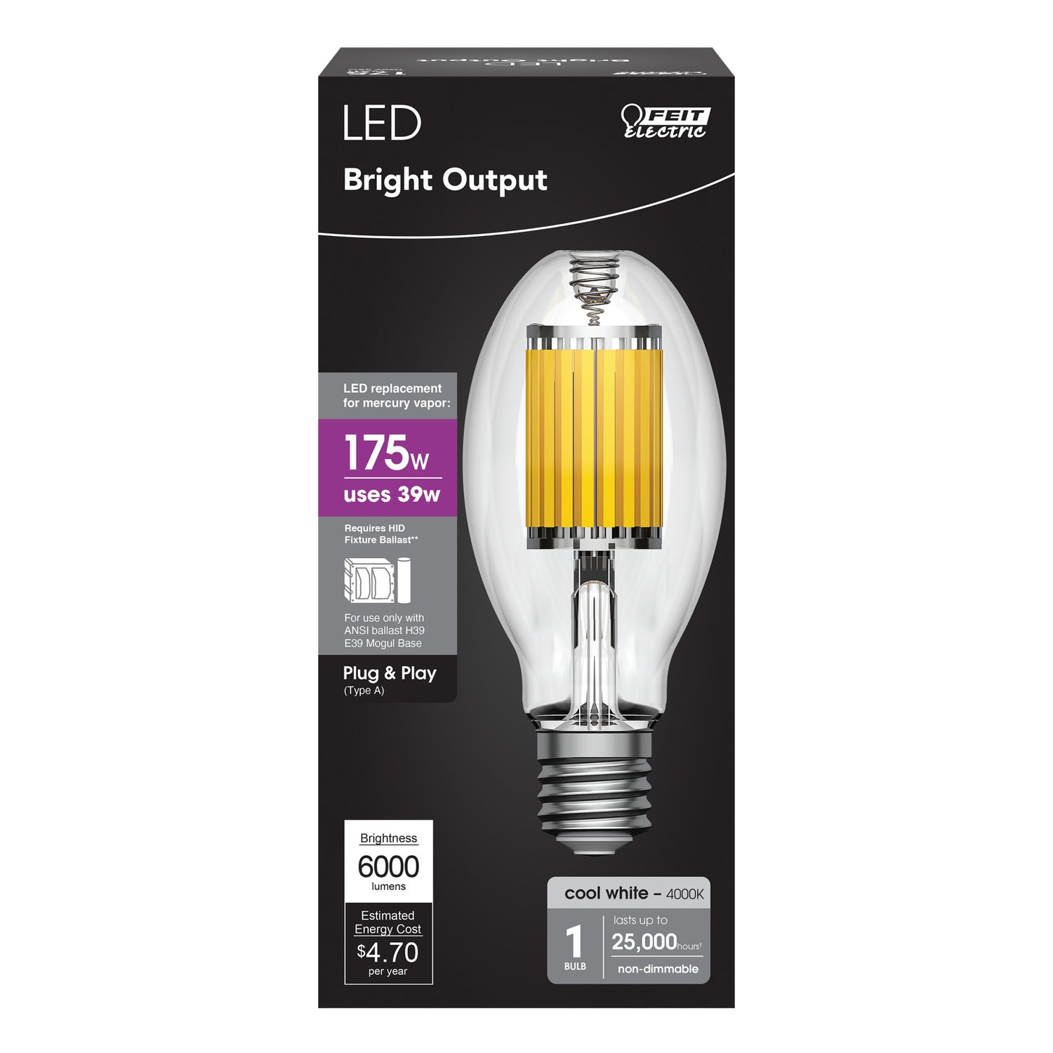 175W Replacement Cool White (4000K) ED28 Shape E39 Mogul Base Clear LED High Intensity Discharge HID Light Bulb