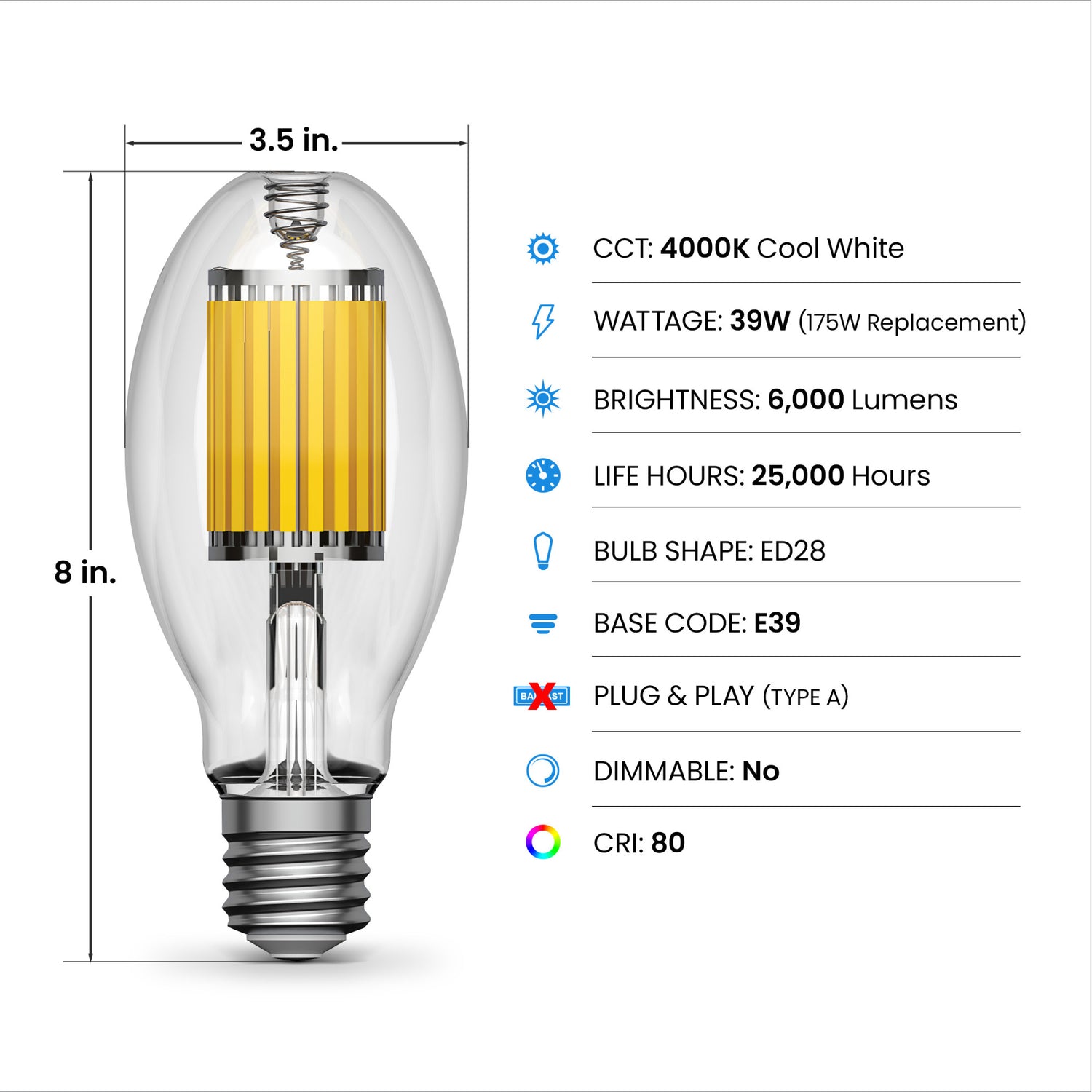 175W Replacement Cool White (4000K) ED28 Shape E39 Mogul Base Clear LED High Intensity Discharge HID Light Bulb