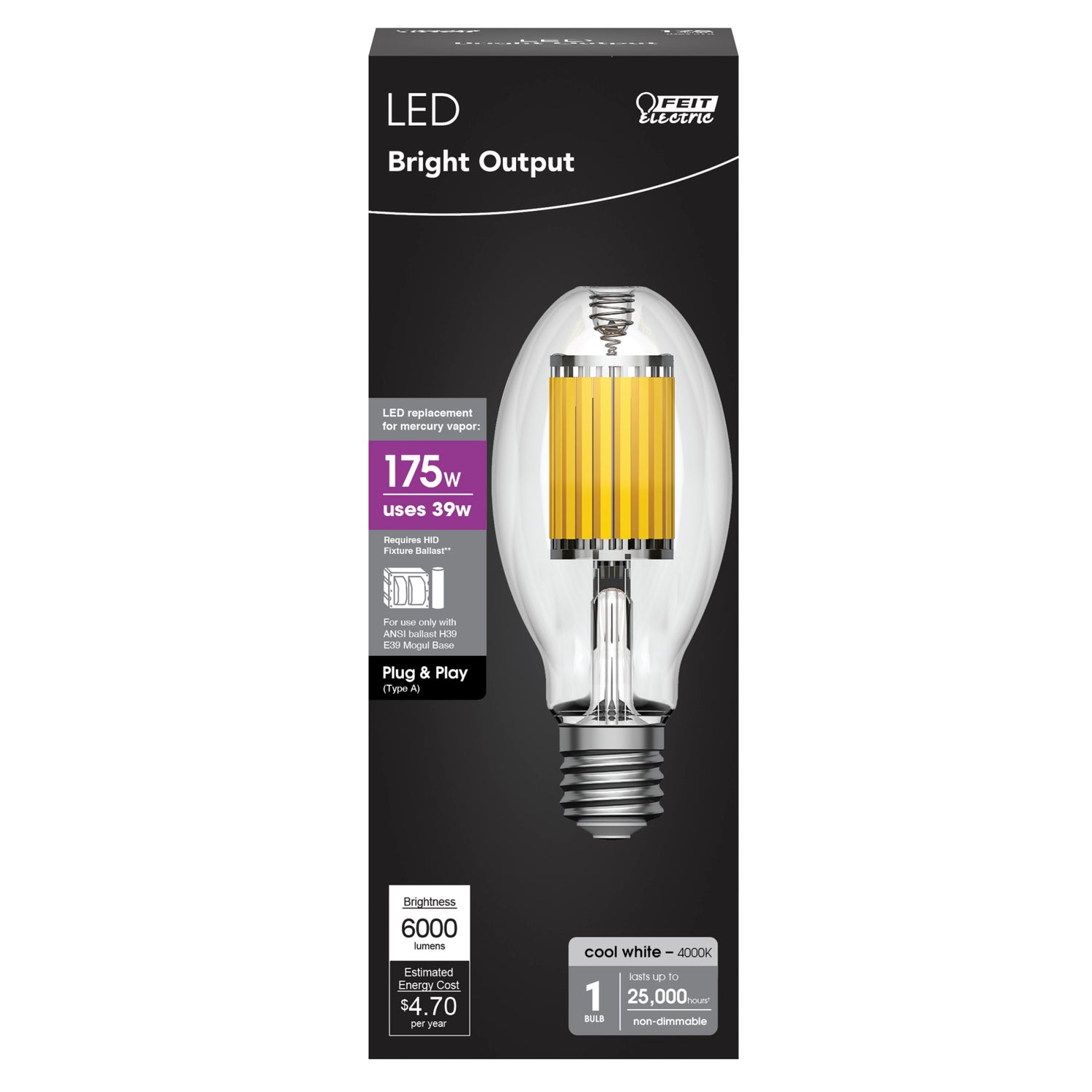 175W Replacement Cool White (4000K) ED28 Shape E39 Mogul Base Clear LED High Intensity Discharge HID Light Bulb