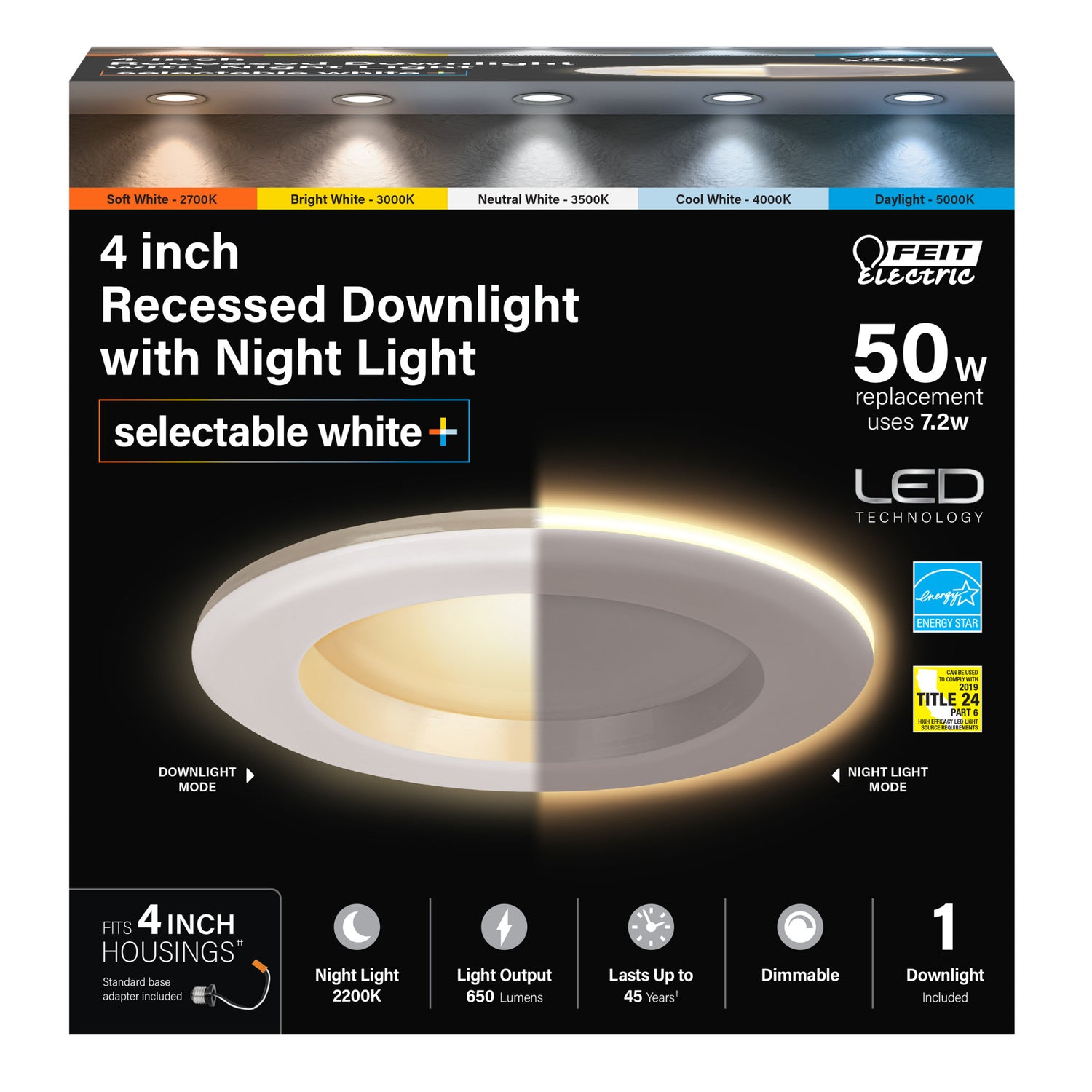 4 in. 7.2W (50W Replacement) Color Selectable LED Downlight With Night Light Mode - Feit Electric