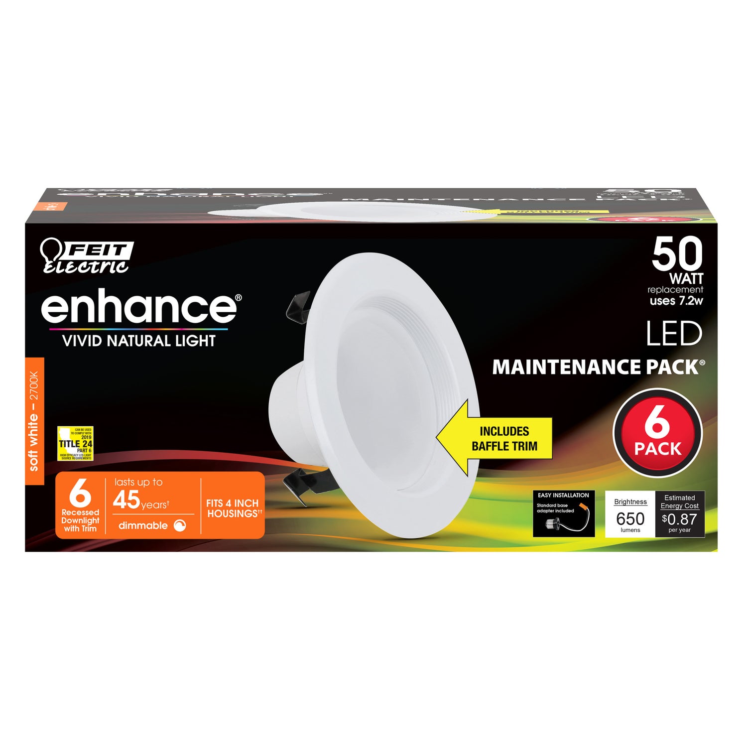 4 in. 7.2W (50W Replacement) Soft White (2700K) Baffle Trim LED Recessed Downlight (6-Pack) - Feit Electric