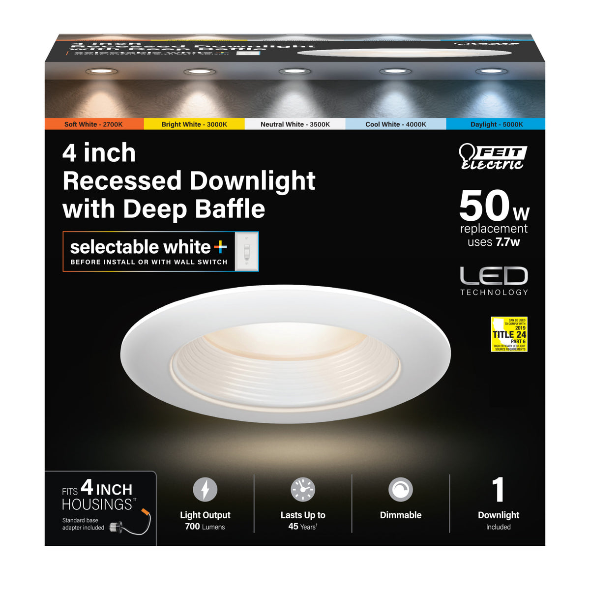 4 in. 7.7W (50W Replacement) Selectable White Deep Baffle Recessed LED Downlight with Switch Mode