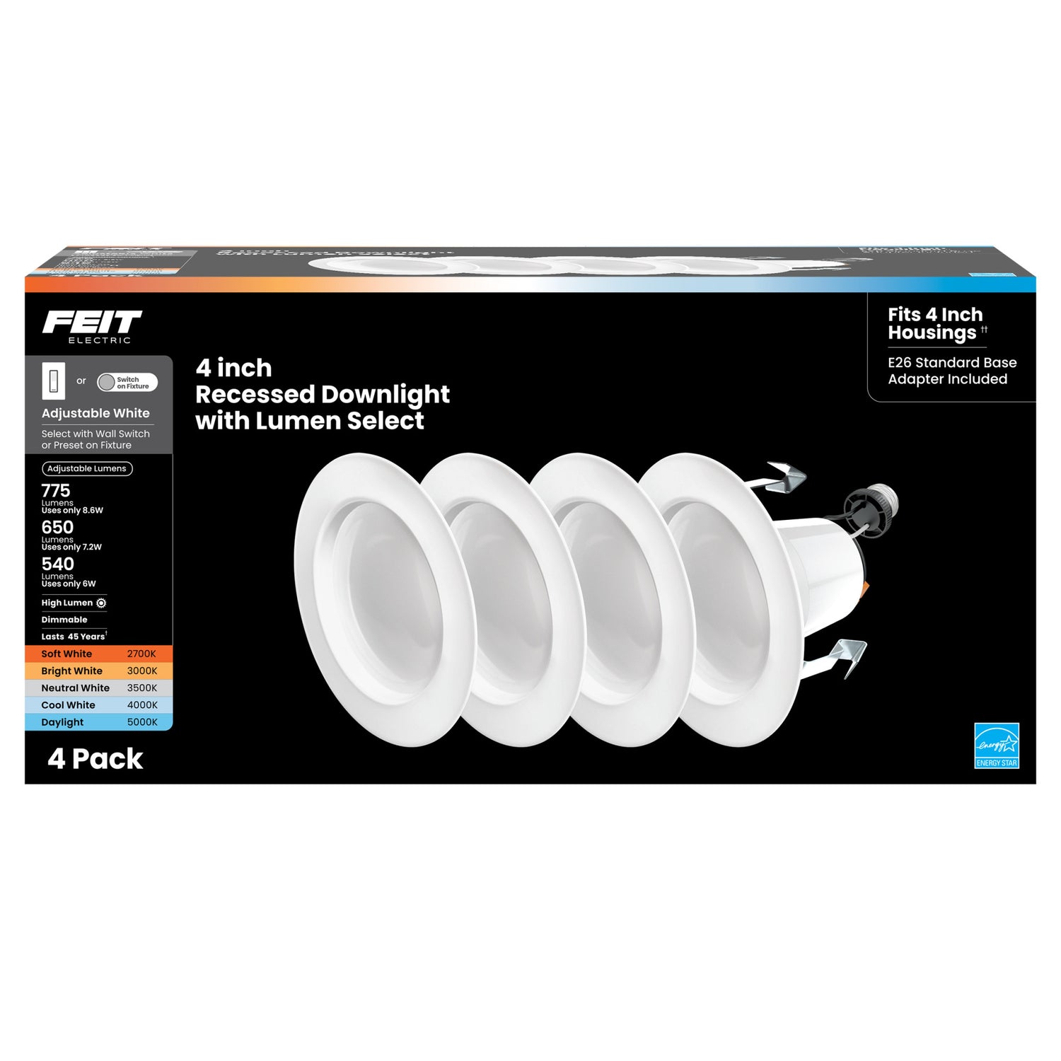 4 in. 8.6W (75W Replacement) Adjustable White Dimmable Lumen Select LED Recessed Downlight with Switch Mode (4-Pack)