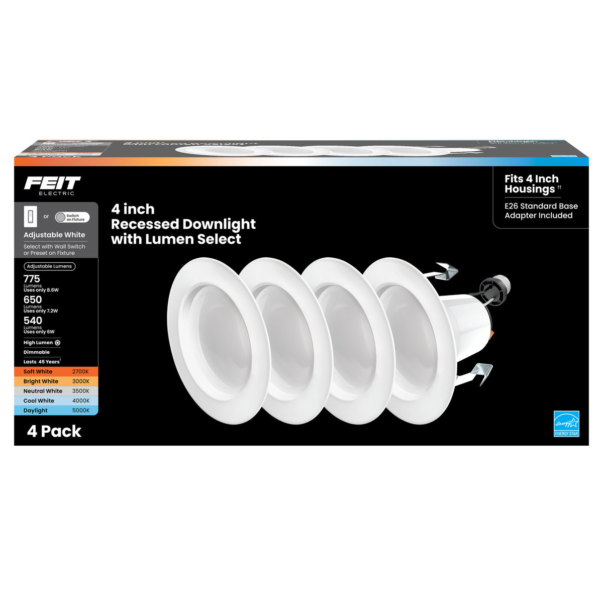 4 in. 8.6W (75W Replacement) Adjustable White Dimmable Lumen Select LED Recessed Downlight with  (4-Pack)