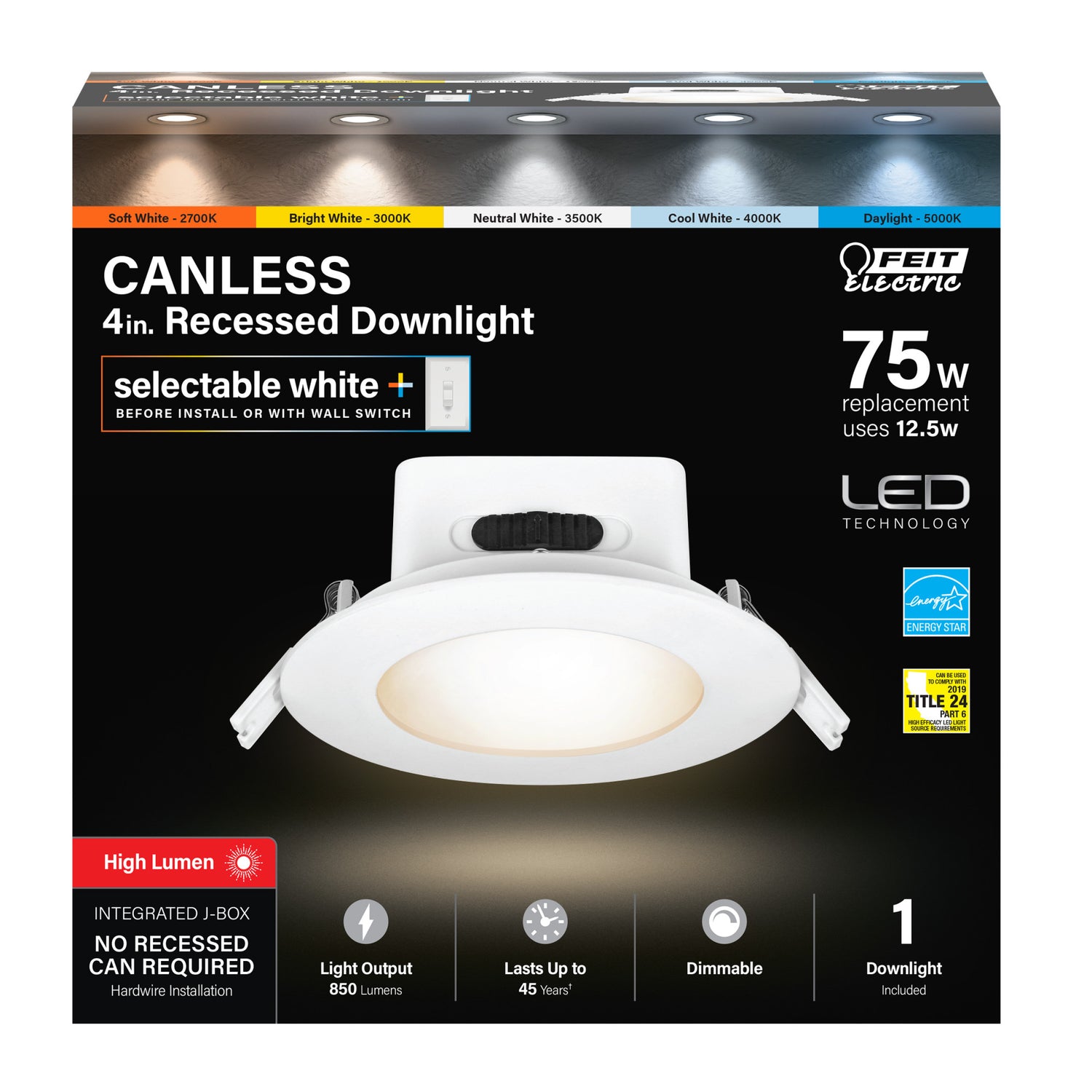 4 in. Selectable White (5CCT) High Output Integrated J-Box Recessed LED Downlight
