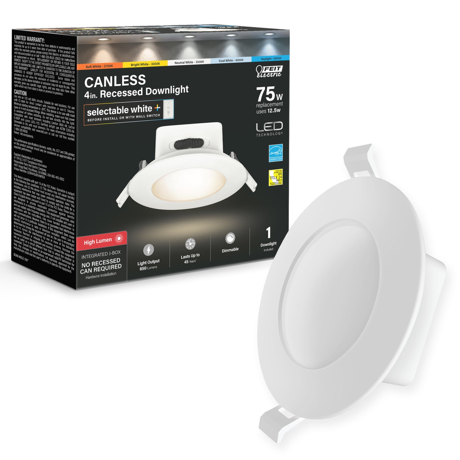 4 in. Selectable White (5CCT) High Output Integrated J-Box Recessed LED Downlight