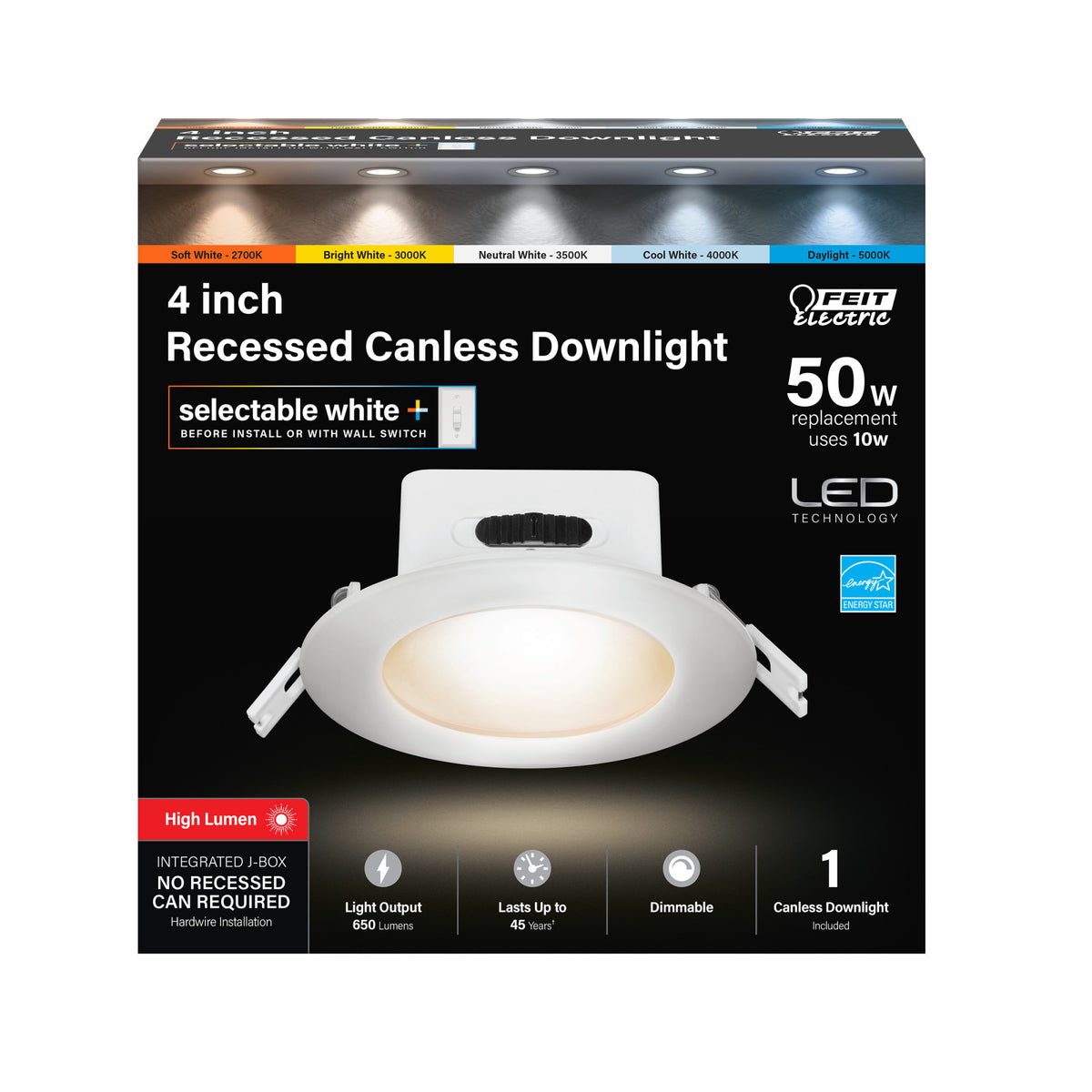 4 in. Selectable White (5CCT) Integrated J-box Recessed Downlight with Switch Mode