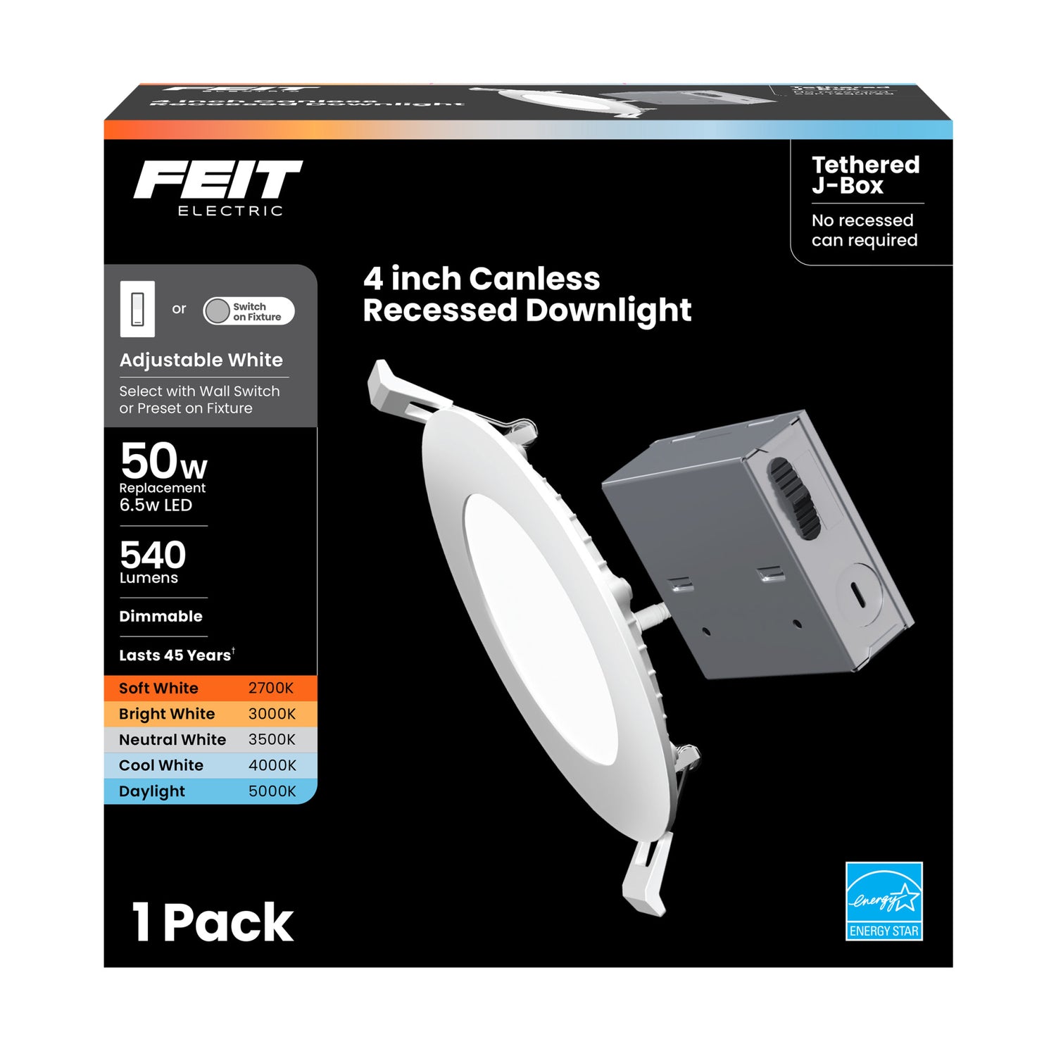 4 in. 50W Replacement Tethered J-Box Adjustable White (5CCT) LED Downlight