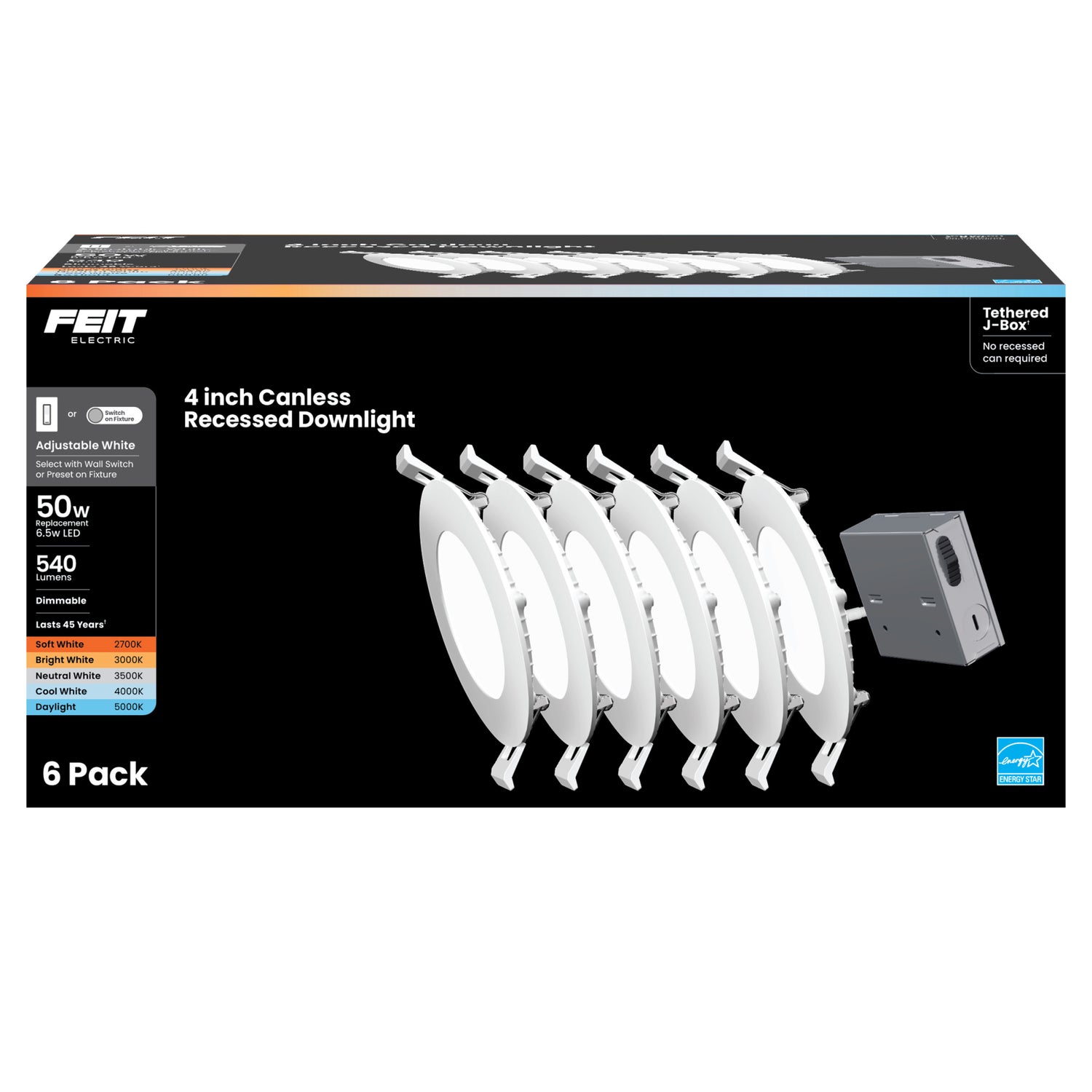 4 in. Tethered J-Box Adjustable White (5CCT) LED Downlight (6-Pack)
