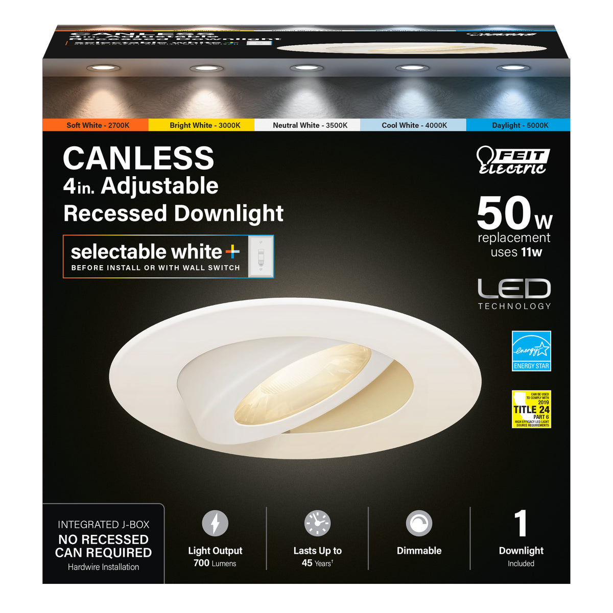 4 in. 11W (50W Replacement) Selectable White (5CCT) Tethered J-Box Adjustable Angle Recessed LED Downlight with Switch Mode