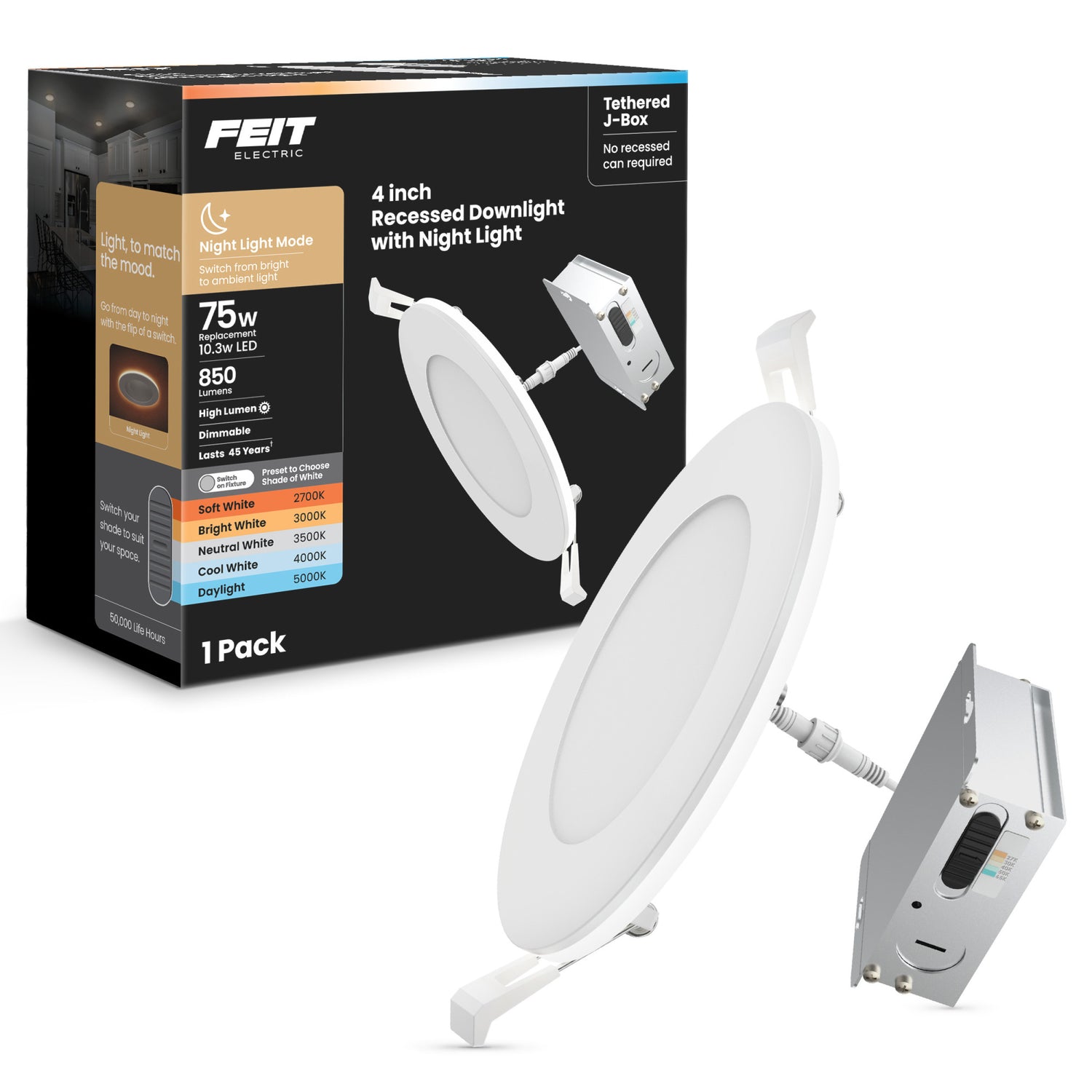 4 in. Tethered J-Box Adjustable White LED Downlight With Night Light Mode