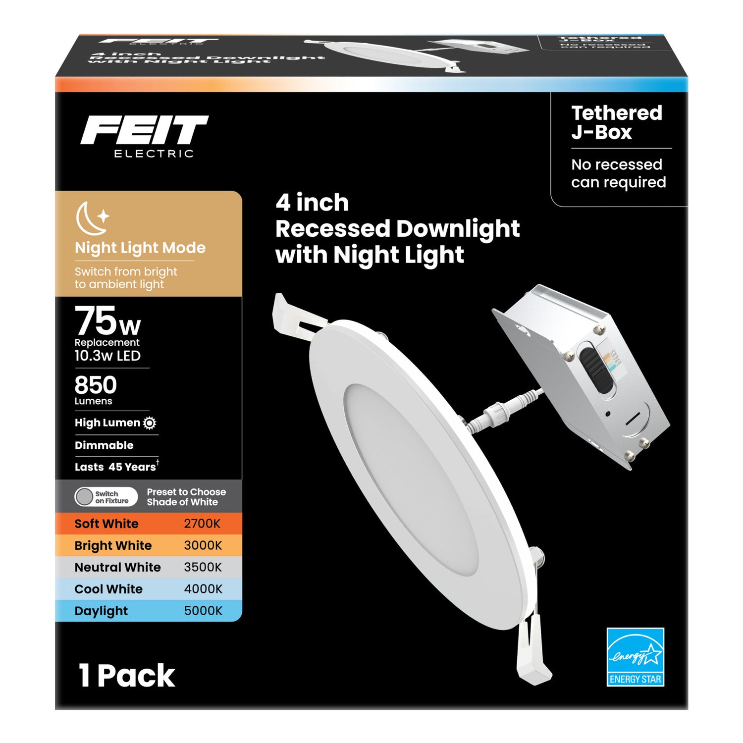 4 in. Tethered J-Box Adjustable White LED Downlight With Night Light Mode