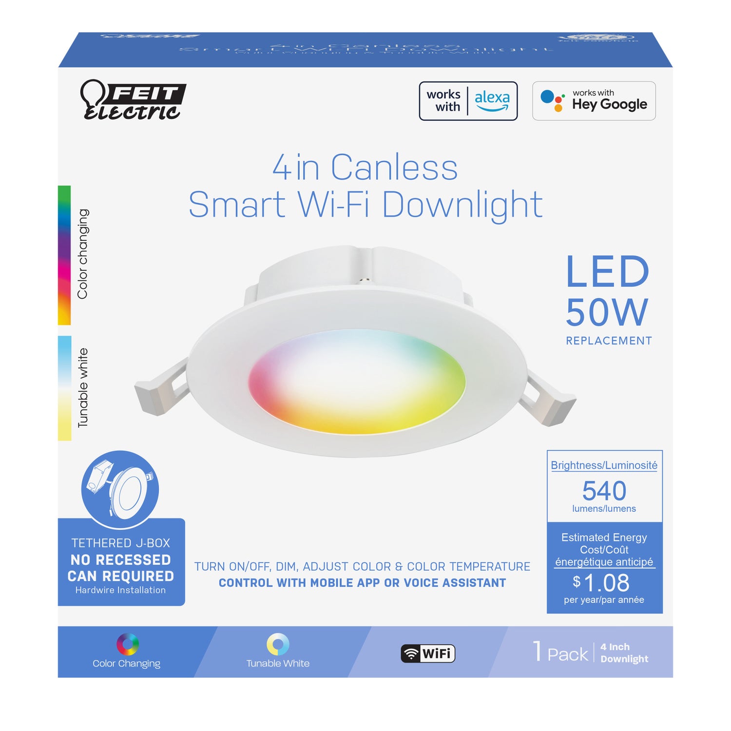 4 in. 9W (50W Replacement) Tethered J-Box Smart Canless LED Downlight