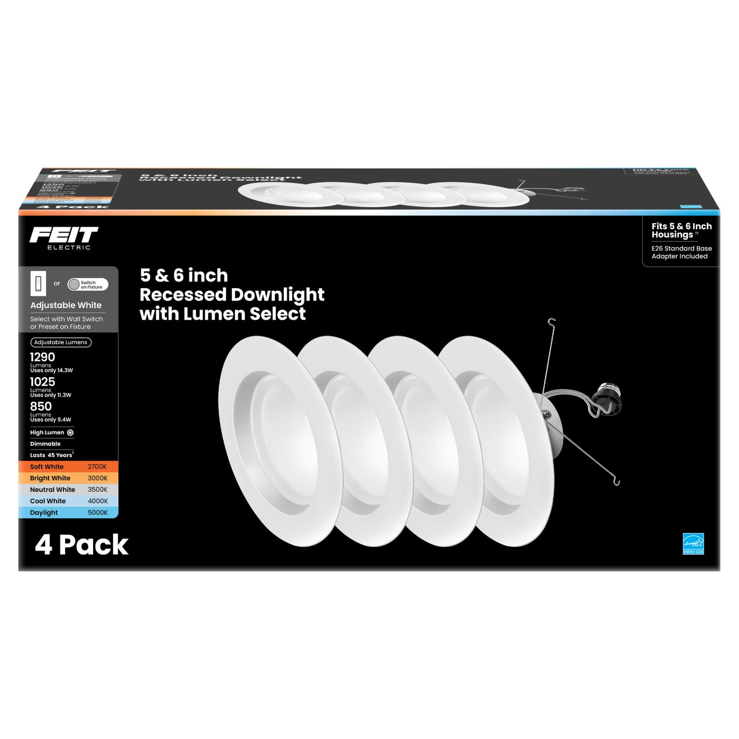 5-6 in. 14.3W (120W Replacement) Color Selectable (5CCT) High Output LED Recessed Downlight (4-Pack)