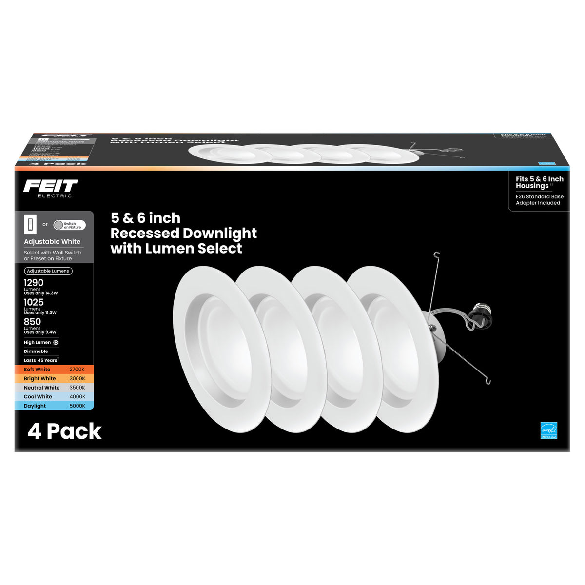 5-6 in. 14.3/11.3/9.4W Adjustable White Adjustable Lumen LED Retrofit Recessed Downlight with Switch Mode (4-Pack)