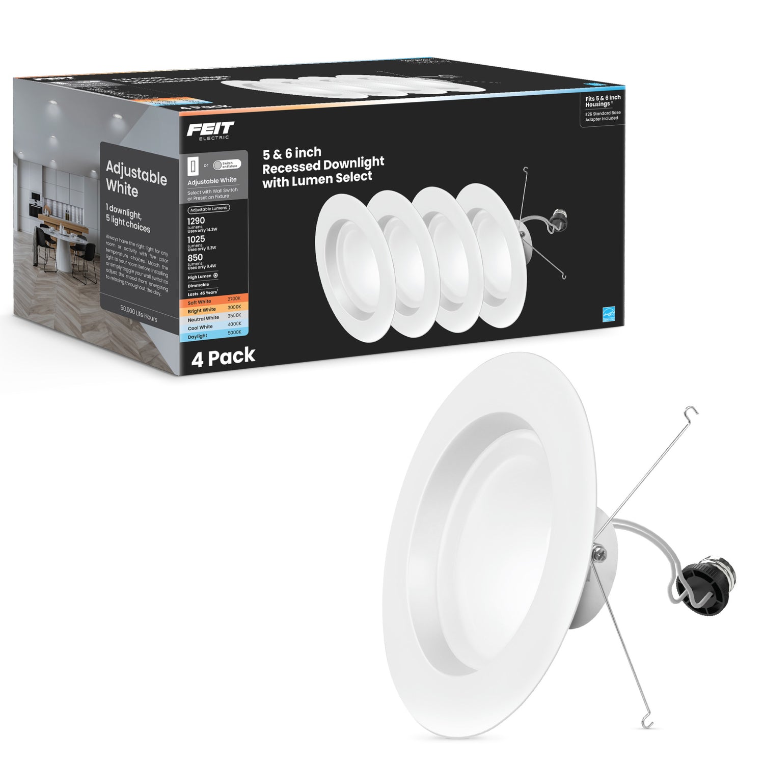 5-6 in. 14.3/11.3/9.4W Adjustable White Adjustable Lumen LED Retrofit Recessed Downlight with Switch Mode (4-Pack)