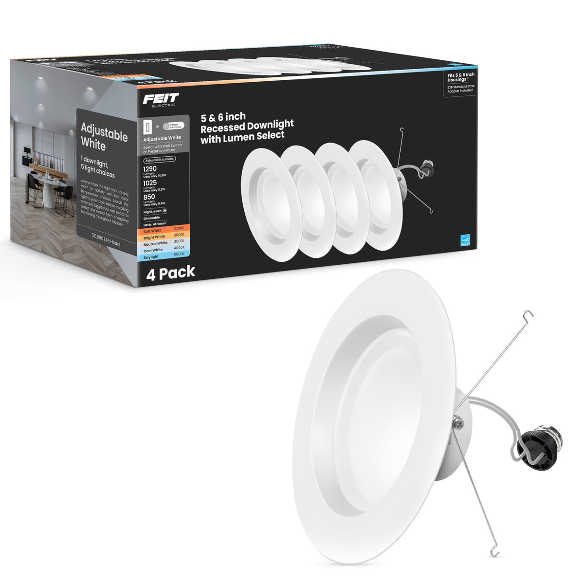 5-6 in. 14.3/11.3/9.4W Adjustable White Adjustable Lumen LED Retrofit Recessed Downlight with Switch Mode (4-Pack)