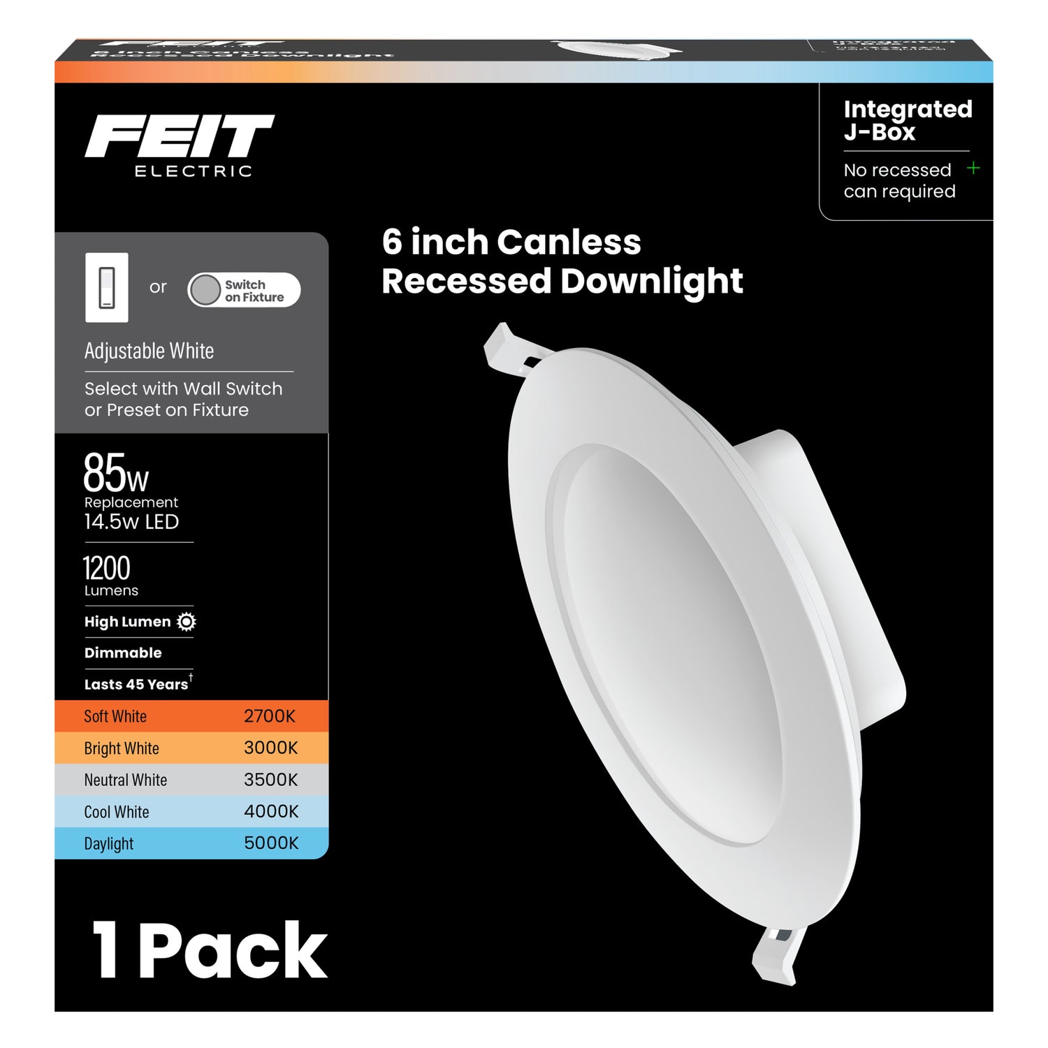 6 in. 85W Replacement Adjustable White (5CCT) High Output Integrated J-Box Recessed LED Downlight