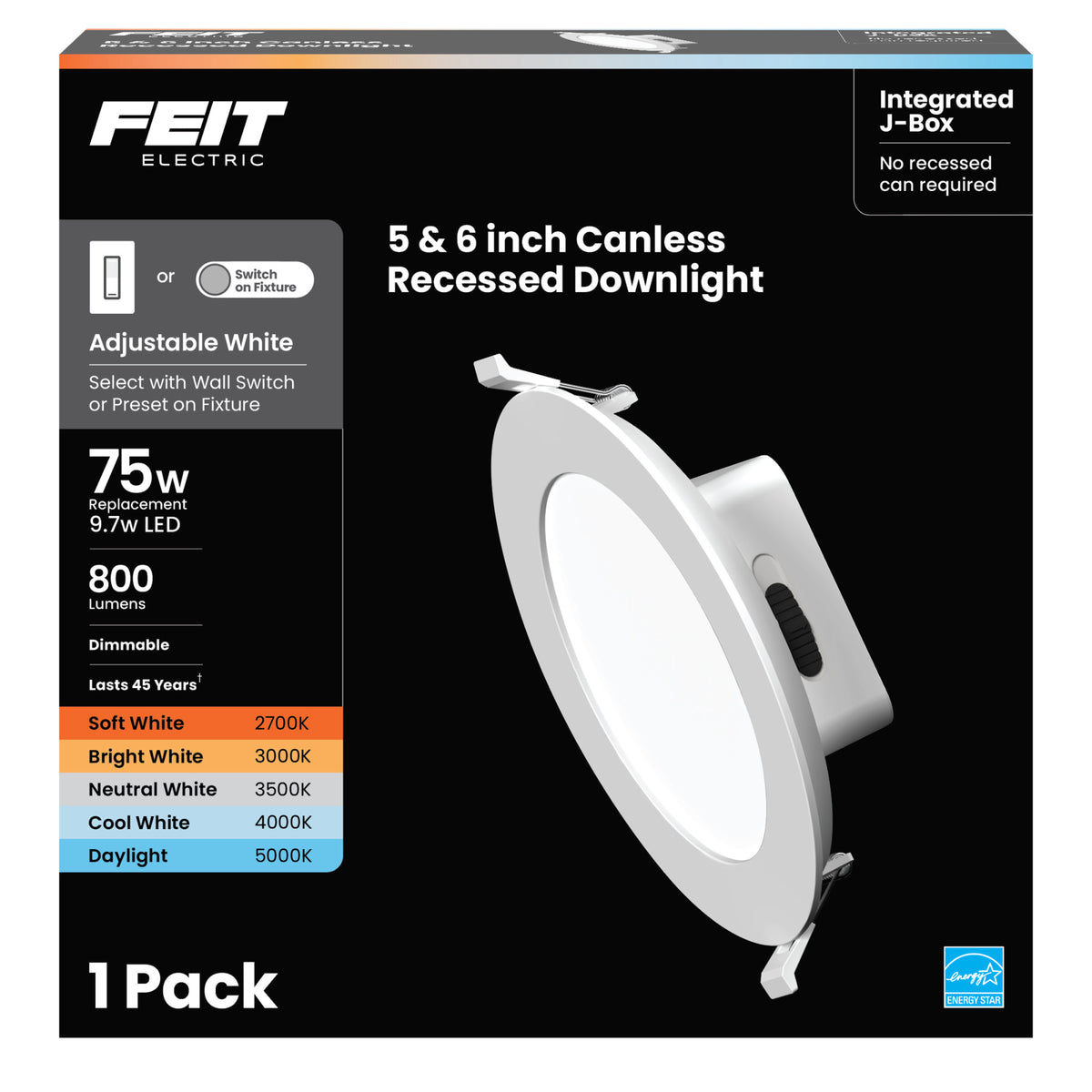5-6 in. 9.7W (75W Replacement) Adjustable White Canless Recessed Downlight with Switch Mode