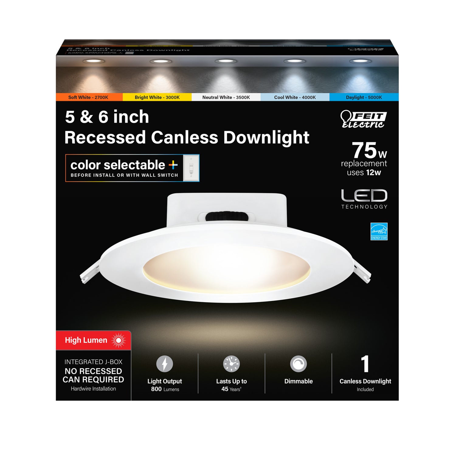 5-6 in. 12W (75W Replacement) Color Selectable Canless Recessed Downlight