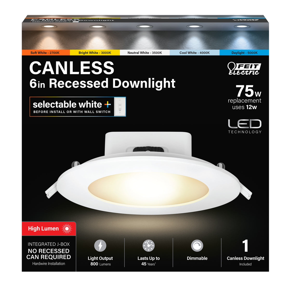 5-6 in. Selectable White Integrated J-box Recessed Downlight with Switch Mode