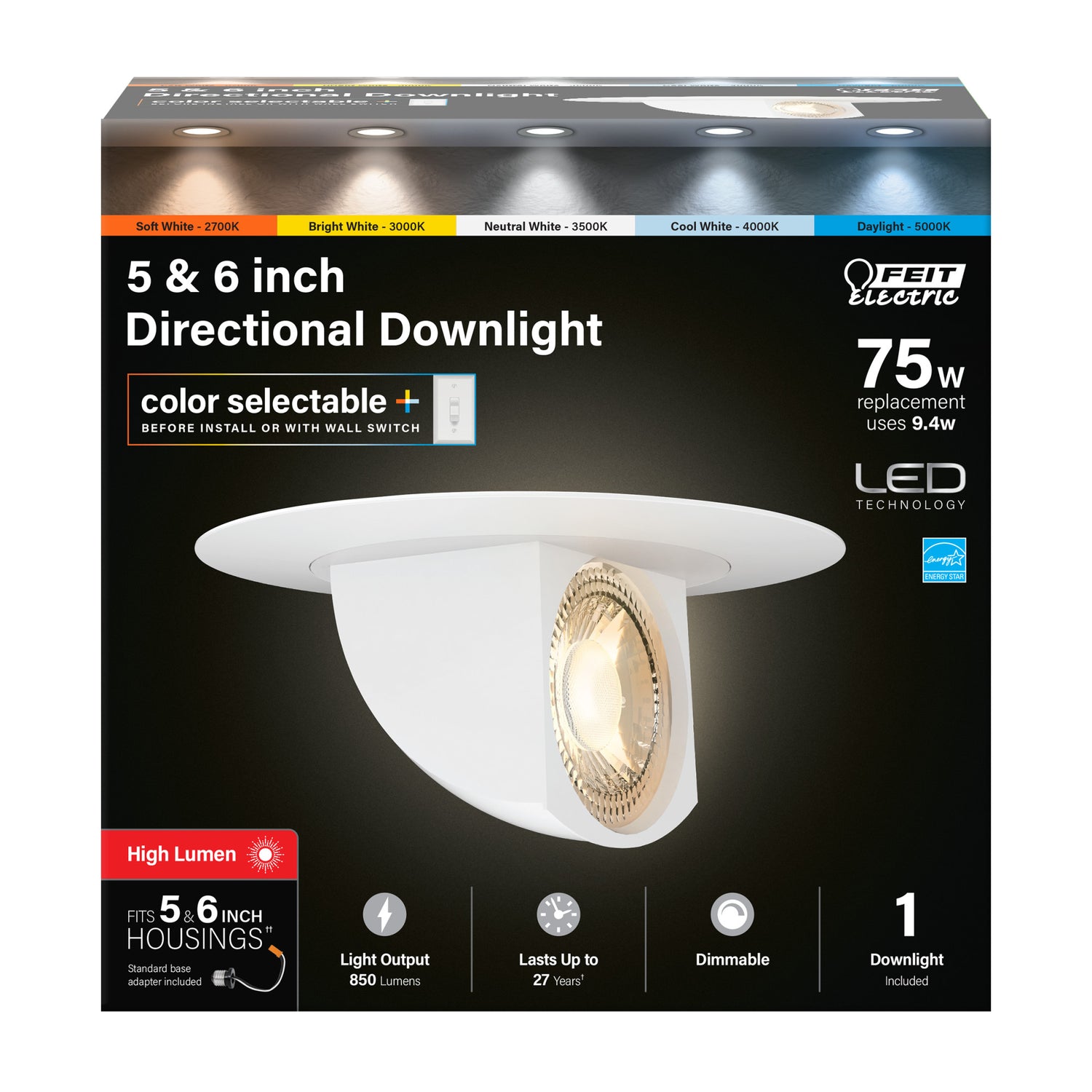 5-6 in. 9.4W (75W Replacement) Color Selectable Dimmable LED Directional Recessed Downlight