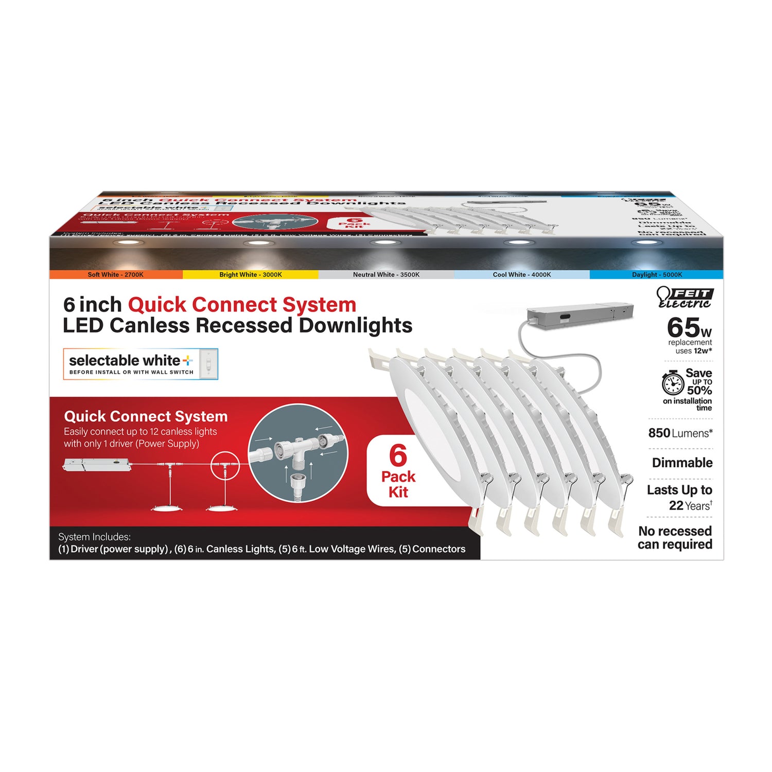6 in. 6-Count Quick Connect Selectable White LED Canless Recessed Downlight Starter Kit with Switch Mode