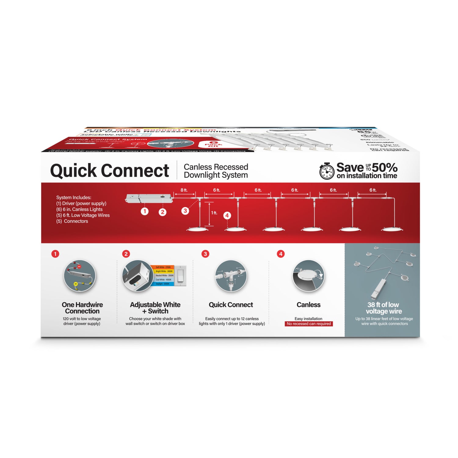 6 in. 6-Count Quick Connect Selectable White LED Canless Recessed Downlight Starter Kit with Switch Mode