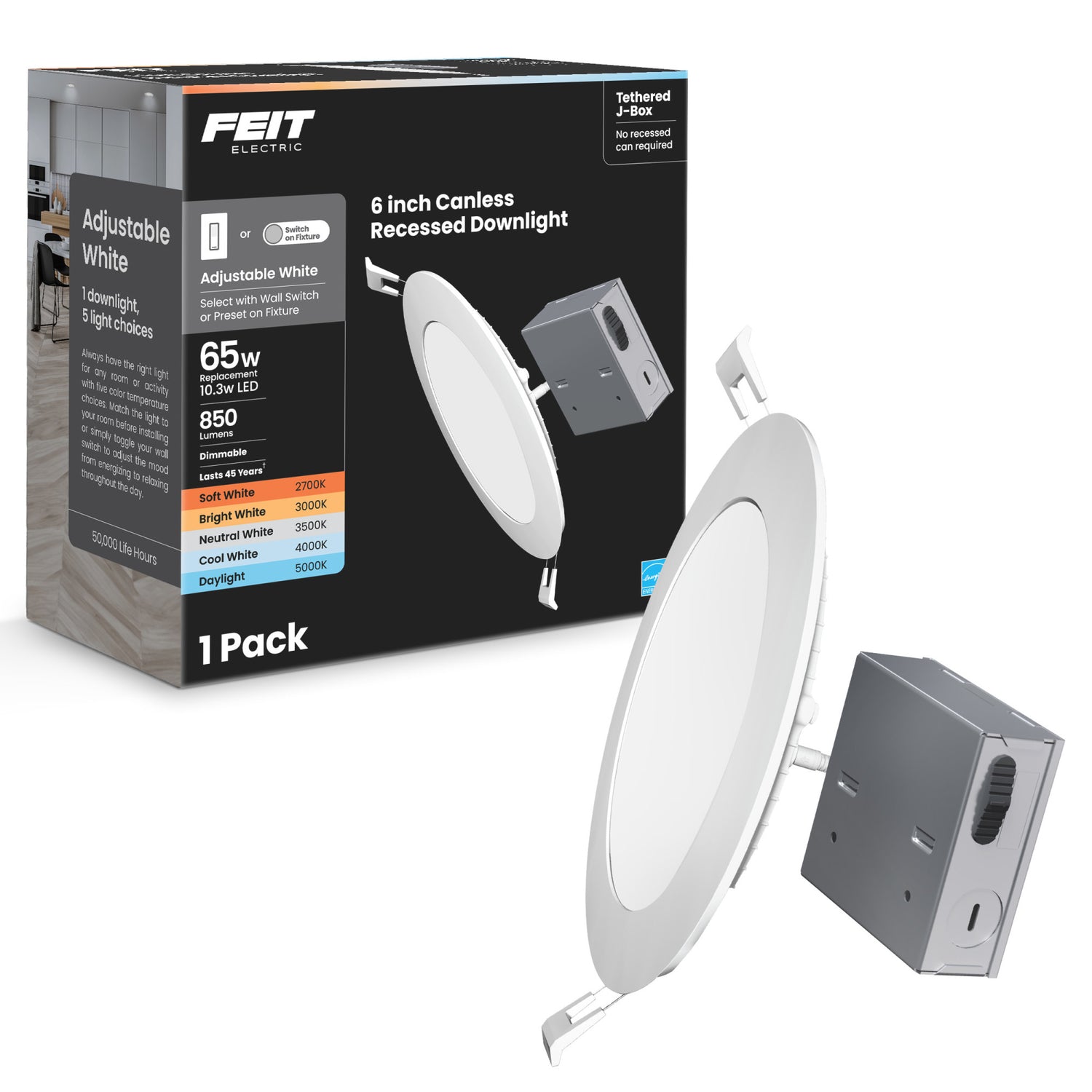 6 in. 65W Replacement Adjustable White (5CCT) Tethered J-Box LED Downlight