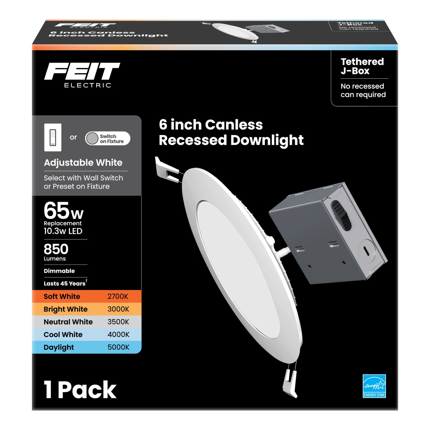 6 in. 65W Replacement Adjustable White (5CCT) Tethered J-Box LED Downlight