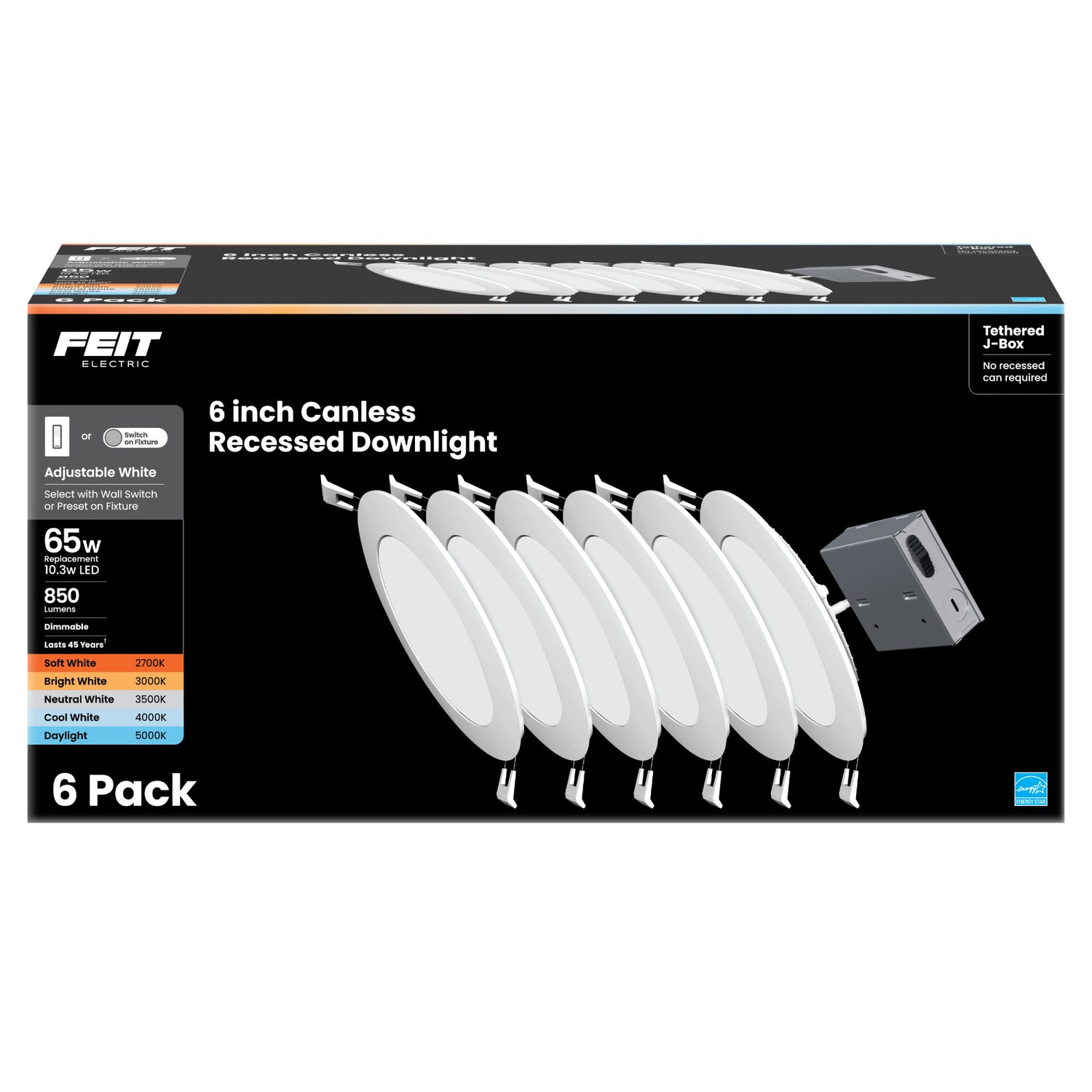 6 in. 65W Replacement Adjustable White (5CCT) Tethered J-Box LED Downlight (6-Pack)