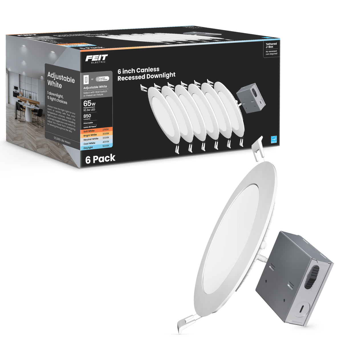 6 in. 65W Replacement Adjustable White (5CCT) Tethered J-Box LED Downlight with Switch Mode (6-Pack)