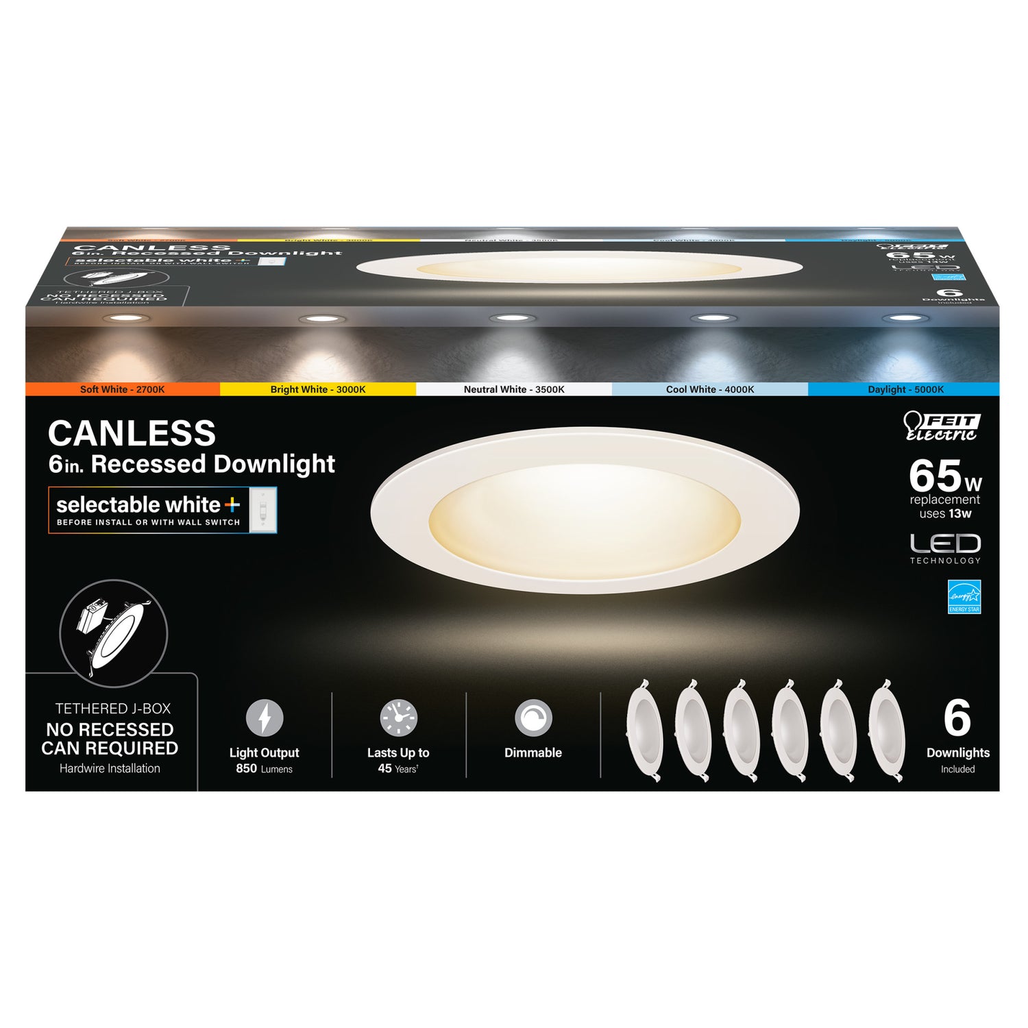 6 in. 65W Replacement Adjustable White (5CCT) Tethered J-Box LED Downlight (6-Pack)