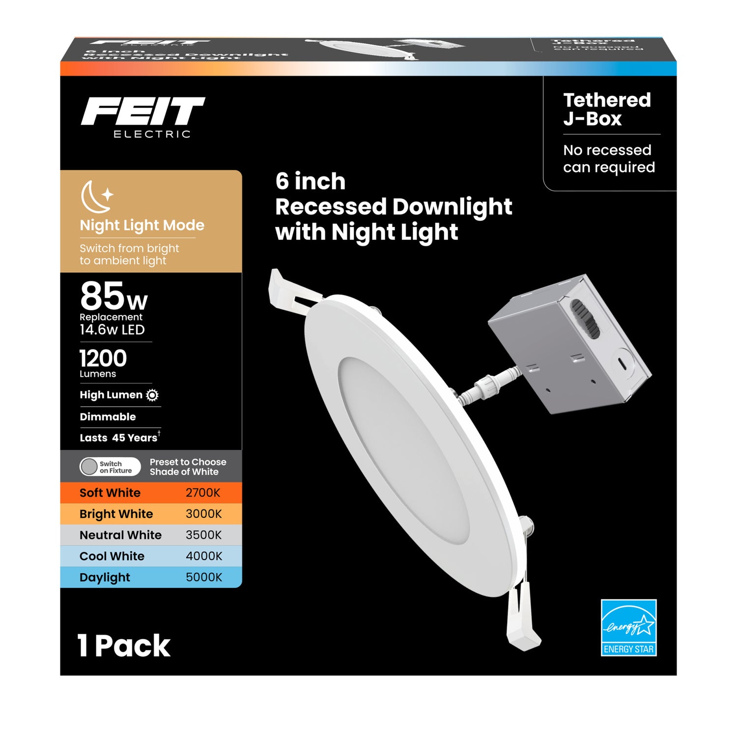 6 in. Tethered J-Box Selectable White (5CCT) High Output LED Downlight With Night Light Mode